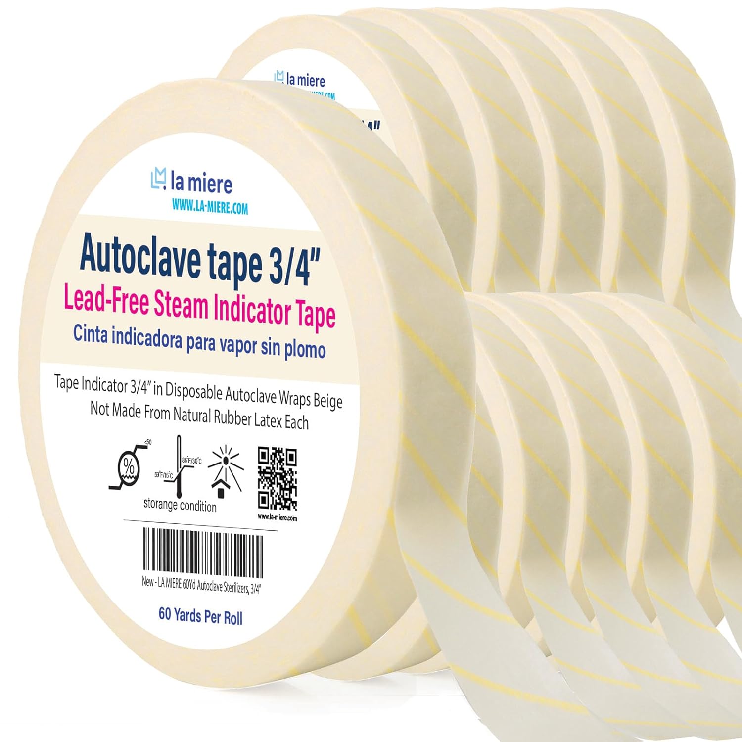 LA MIERE Autoclave Sterilization Tape 3/4" x 60 Yards- Dental, Medical, and Sterilizer Safe Adhesive Tape for Steam & EO Gas Indicators, 12 Rolls