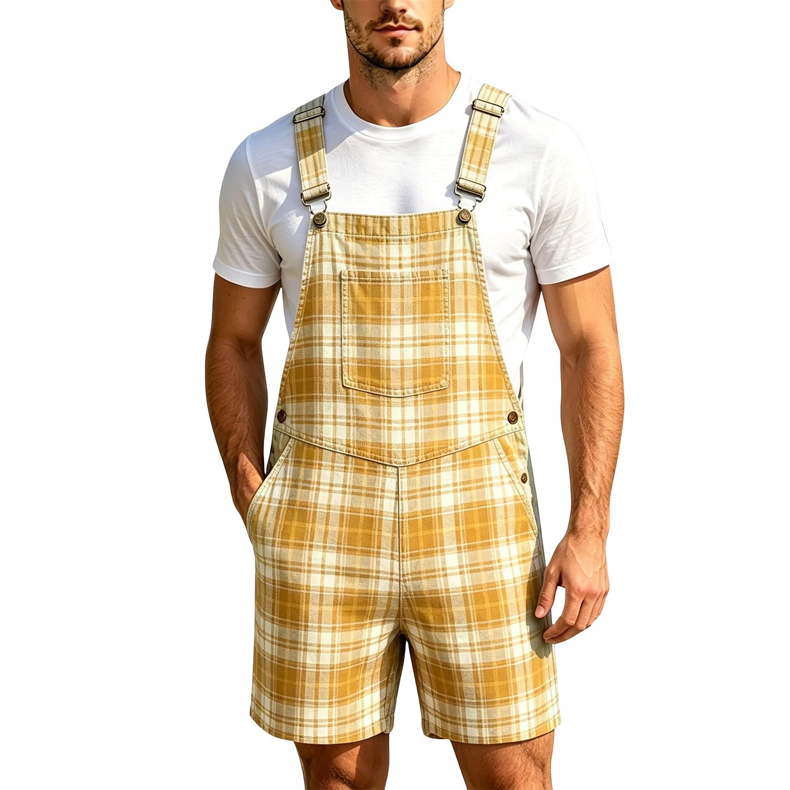 Salopette en coton homme avec motif à carreaux coupe loose d'été - 7