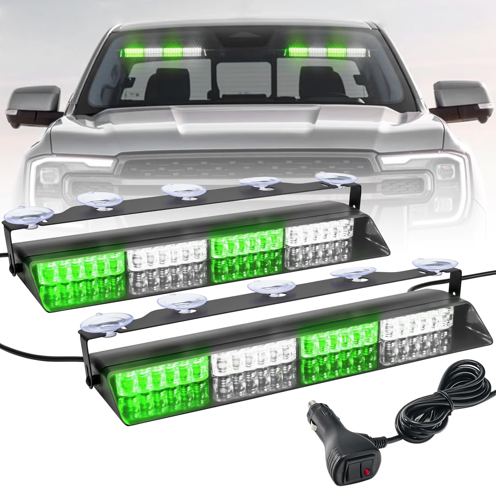ELECHOI Green/White 2 in 1 Emergency Dash Strobe Light Bar, Front/Rear 48LEDs Interior Windshield Visor Safety Flashing Warning Hazard Lights for