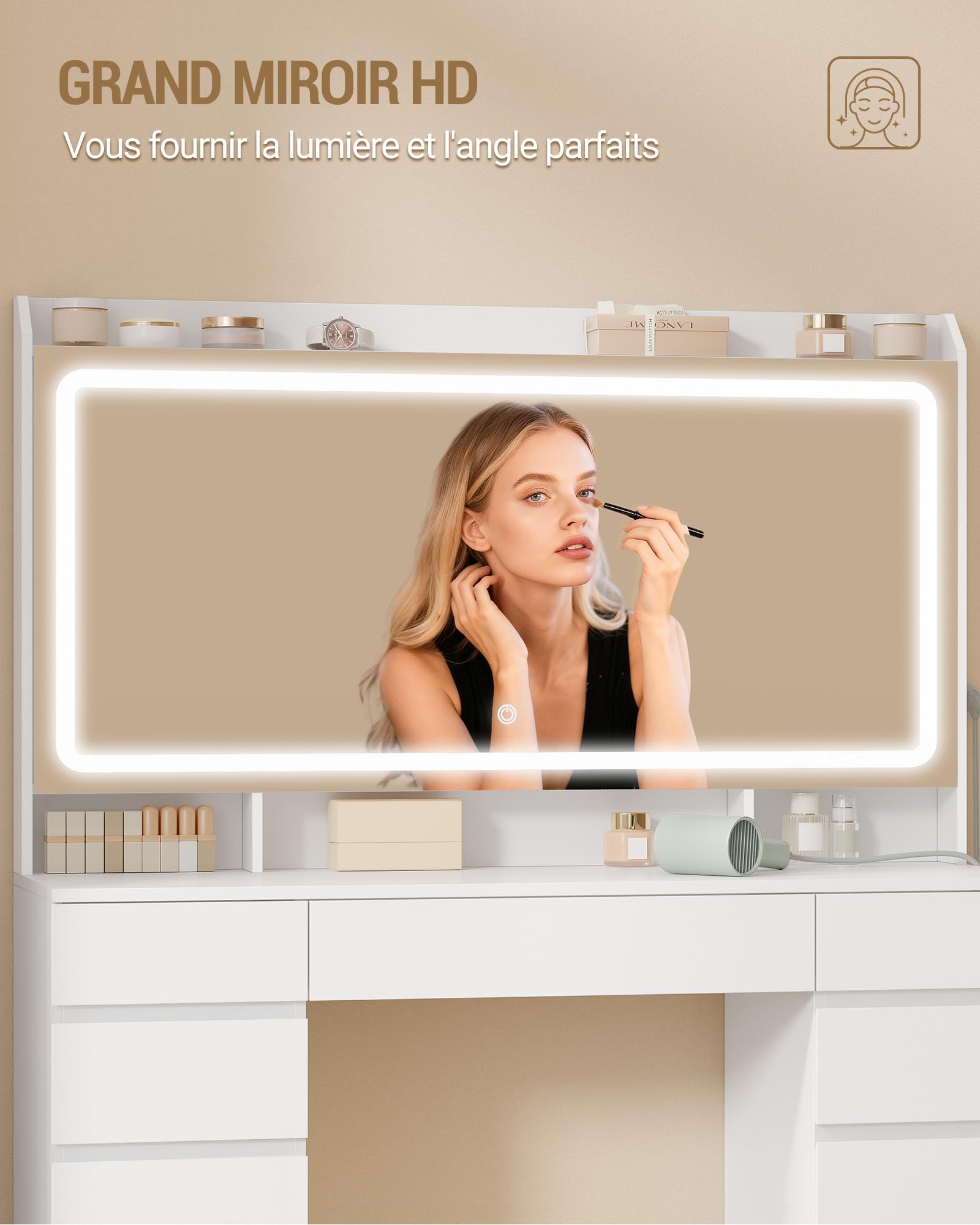 Hzuaneri Coiffeuse avec Grand Miroir HD, Coiffeuse avec 3 Lumières LED à Couleurs Réglables, 11 Tiroirs, 3 Compartiments de Rangement et 1 étagère Supérieure, de Chambre, Blanc DT43003XEU
