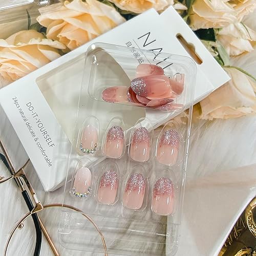 Miniatura 5 de Uñas postizas a presión ovaladas medianas, uñas postizas artificiales con diseño de lentejuelas de diamantes de imitación, cobertura completa,