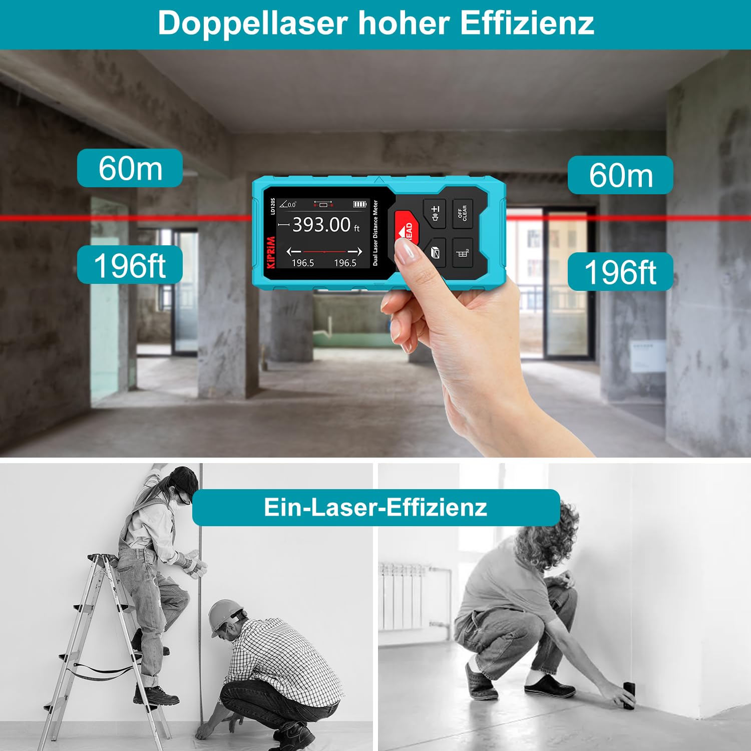Kiprim 120m Bilaterale Laser Entfernungsmesser Elektronische Wasserwaage, Präzise Messungen und Pythagoras-Funktion – Ideal für BAU, Heimwerken und Renovierung LD120S