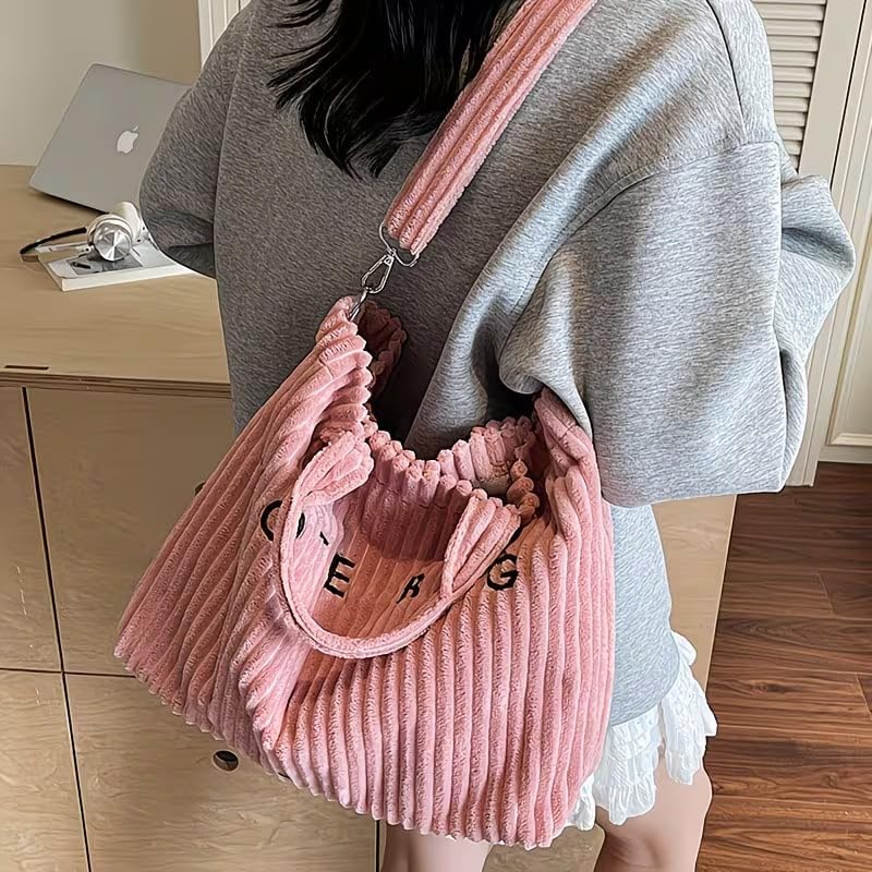 Image of Kawn Korean Tote Bag Aesthetic Corduroy Canvas Handbag for Women Zipper Casual Large Capacity Shoulder Bag with Pockets Versatile Everyday use for College Work Travel & Shopping