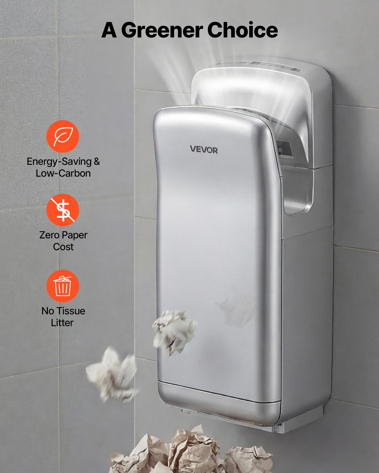 VEVOR Secador de Manos Eléctrico con Filtro HEPA, 1950 W, 19000 RPM, con Flujo de Aire de 100 m/s Doble Cara, Sensor Infrarrojo para Centros Comerciales Oficinas Hoteles Baños Hogares, Color Plateado