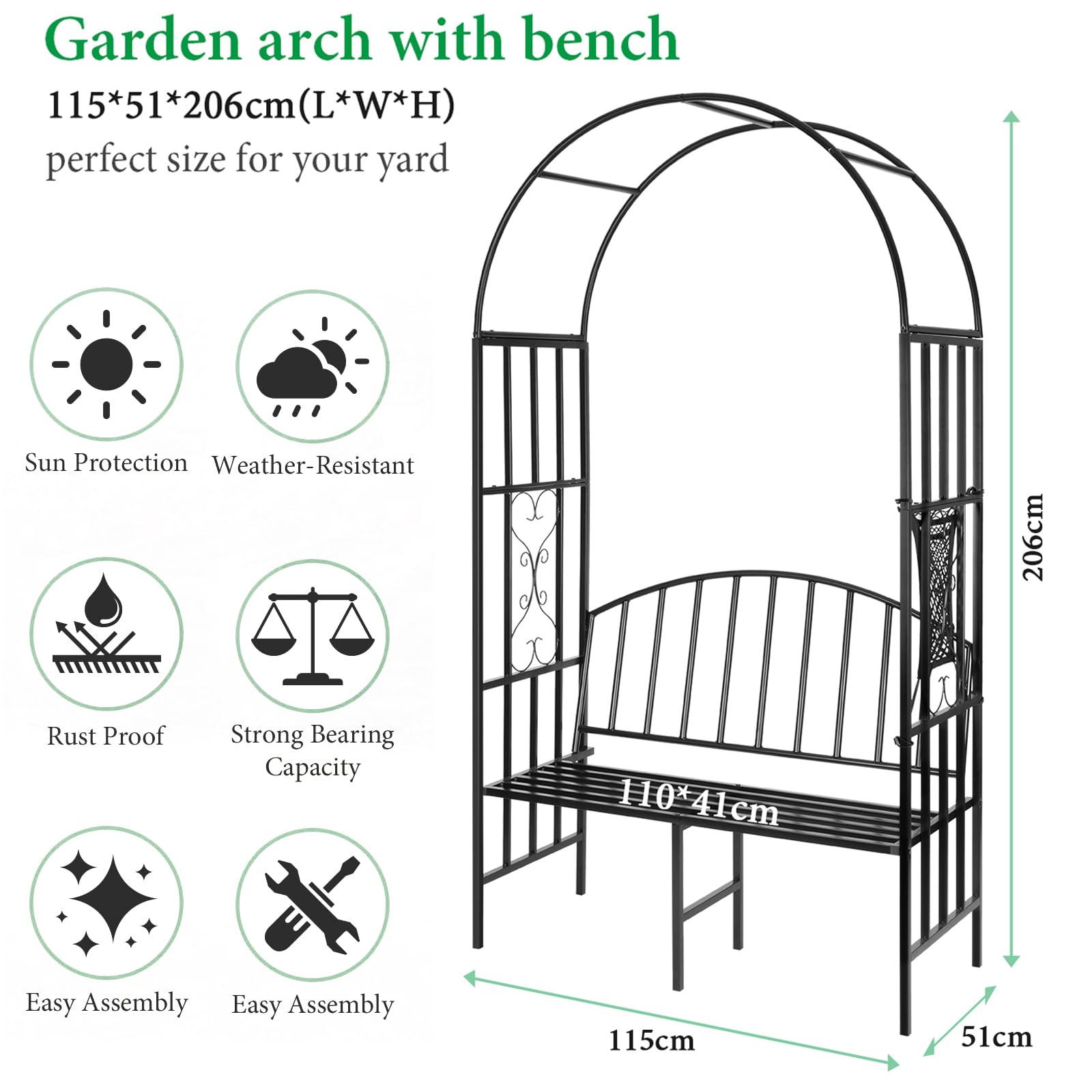 Arco de jardín resistente (soporta 660 libras-551.2 lbs) | Arco de árbol de metal para plantas trepadoras y banco de asiento para dos personas | Decoración de patio trasero de césped al aire libre 81 6