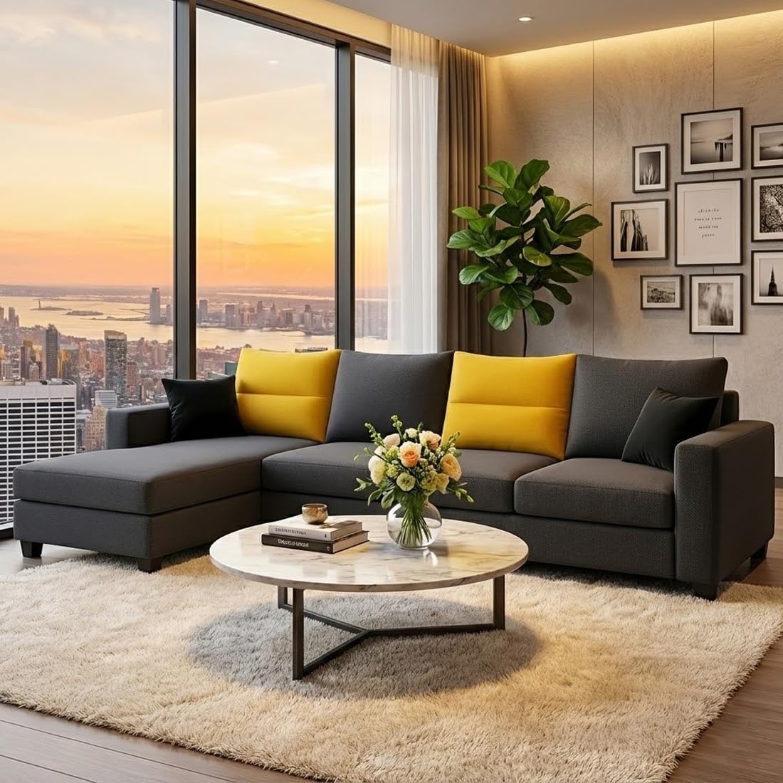 CASASTYLE Dreamon 5 Seater Fabric LHS L Shape Sofa Set (Yellow-Dark Grey) | Velvet Finish | Comfortable Sectional Sofa for Living Room