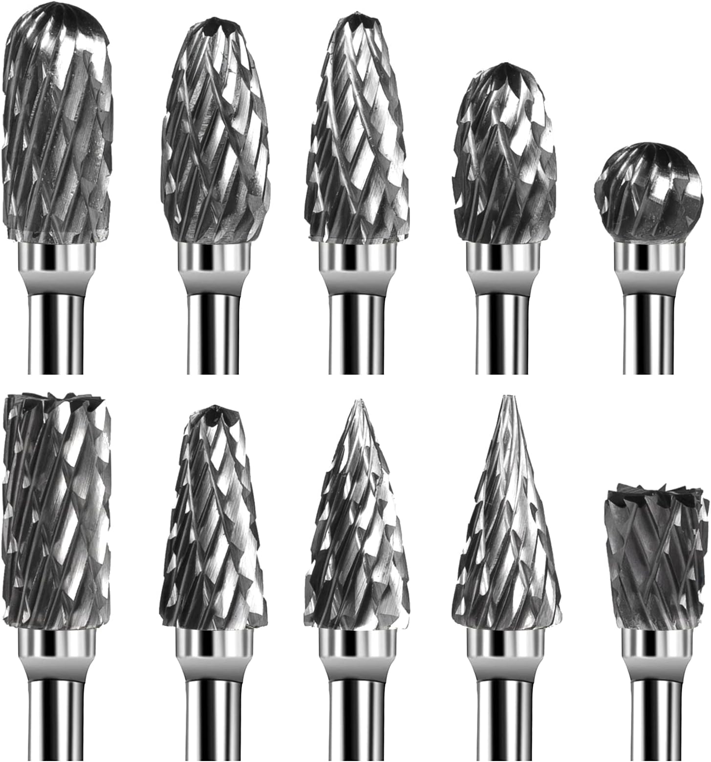 10pcs Carbide Burrs Set - Double Cut Die Grinder Bits, 1/8" Shank Rotary Tool Bits Compatible with Dremel for Wood Carving, Metal Polishing, Engraving, Porting, Trimming, Drilling