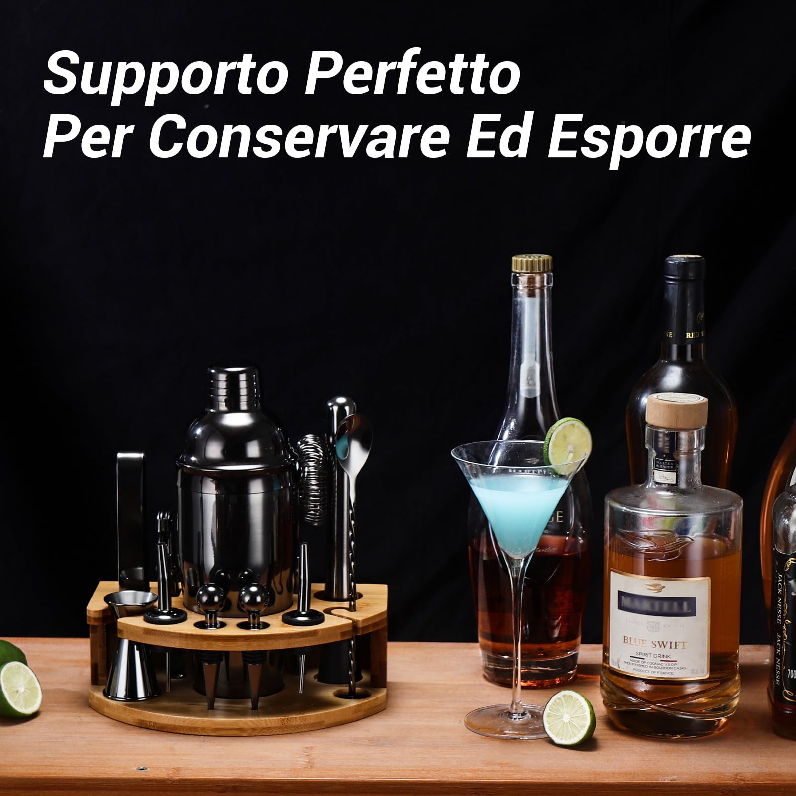 Set Shaker Cocktail Kit Barman con Supporto, Set Barman in Acciaio INOX da 750ML 12 pezzi con dosatore misurino cocktail, Kit Barman Professionale Completo per Home Bar, Regali per Papà (Nero)