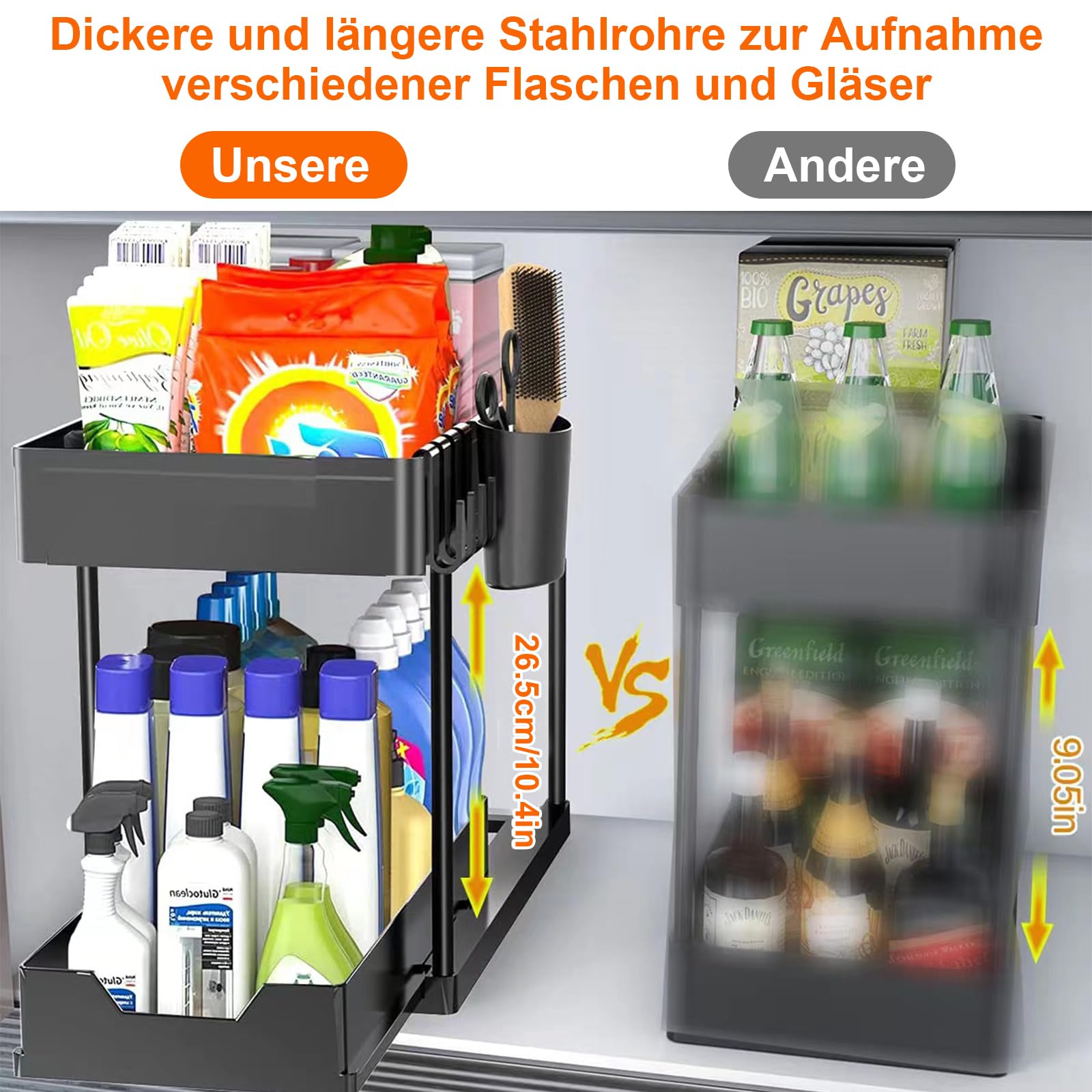 Unter Waschbecken Regal, 2 Etagen Standregal, Küchen Organizer Mit Schiebeschublade, 2 Set Spülschrank Organizer, Mit 8 Haken und 2 Tasse, Mehrfunktional Küchenregal Gewürzregal (Schwarz)