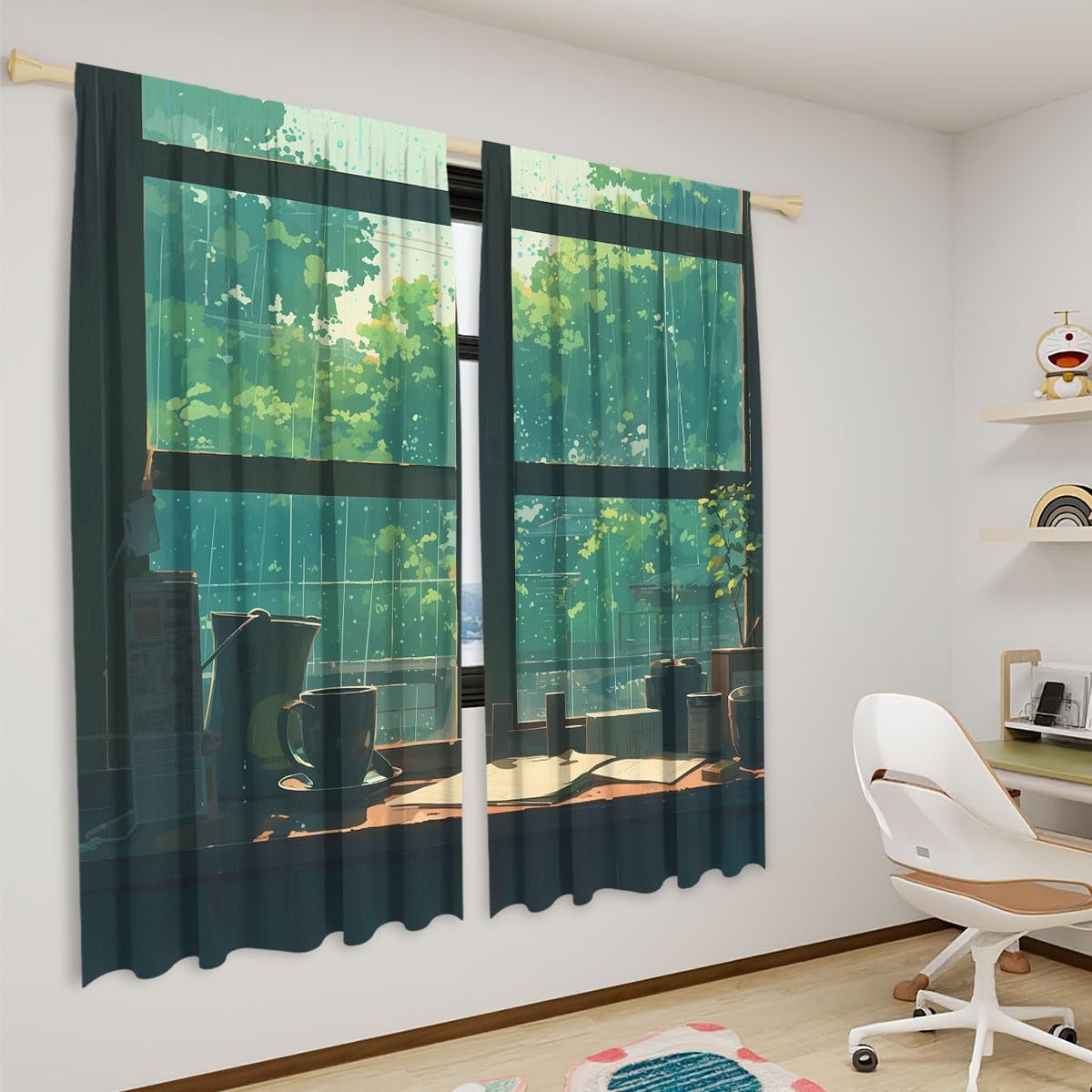 Japanese Anime Blackout Curtains for Girls Boy Home Decor, Aesthetics Window Glass Desk Rain Day Rod Pocket Thermal Insulated Drapes Darkening Window Curtain for Bedroom Living Room, 63 x 63 Inch