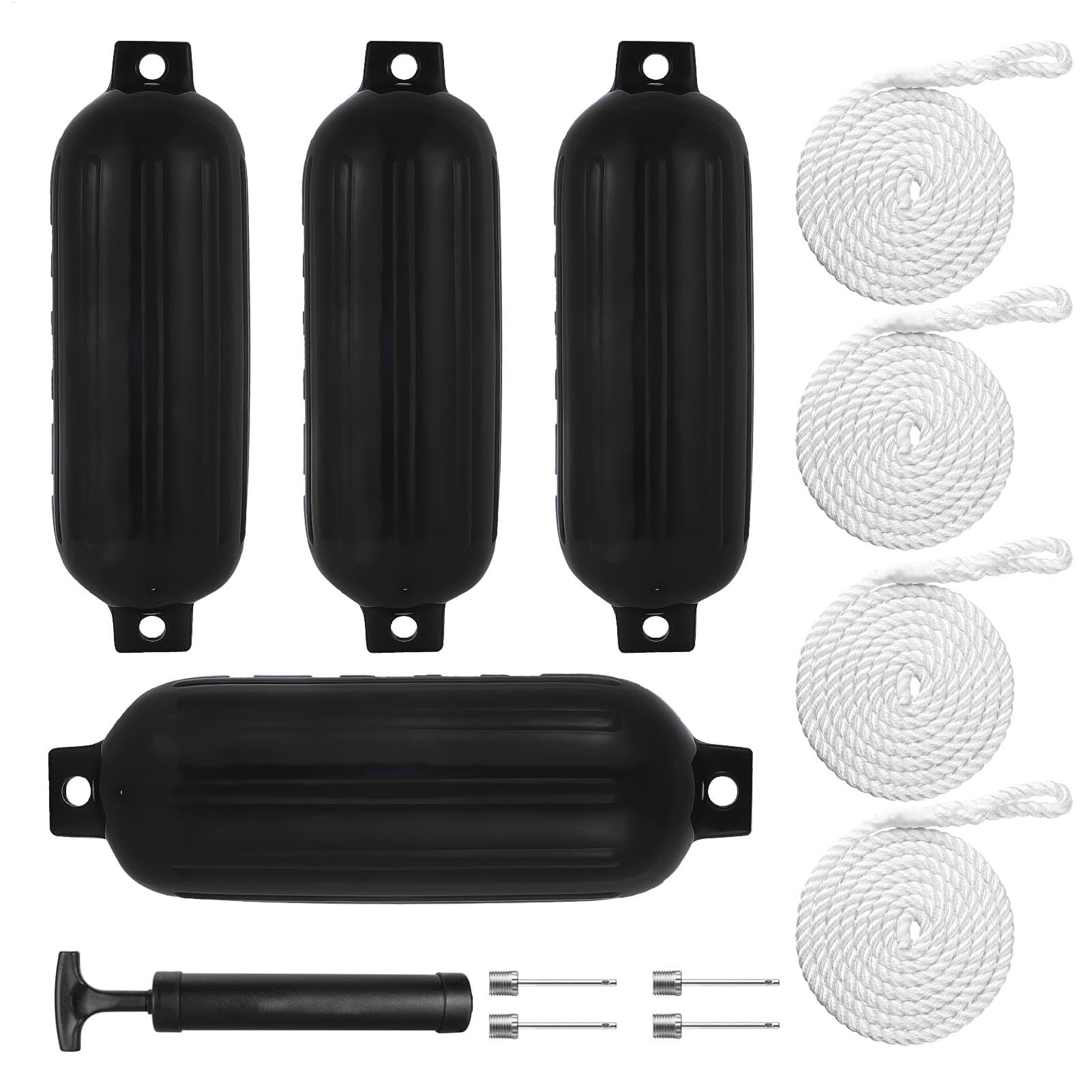 4 Pack 10 X 30in Boat Fenders, Boat Bumpers Fenders with 4 Ropes, Needles, Pump, Boat Bumpers Inflatable Boat Fenders for Pontoon Boat Fenders Inflatable (Black)