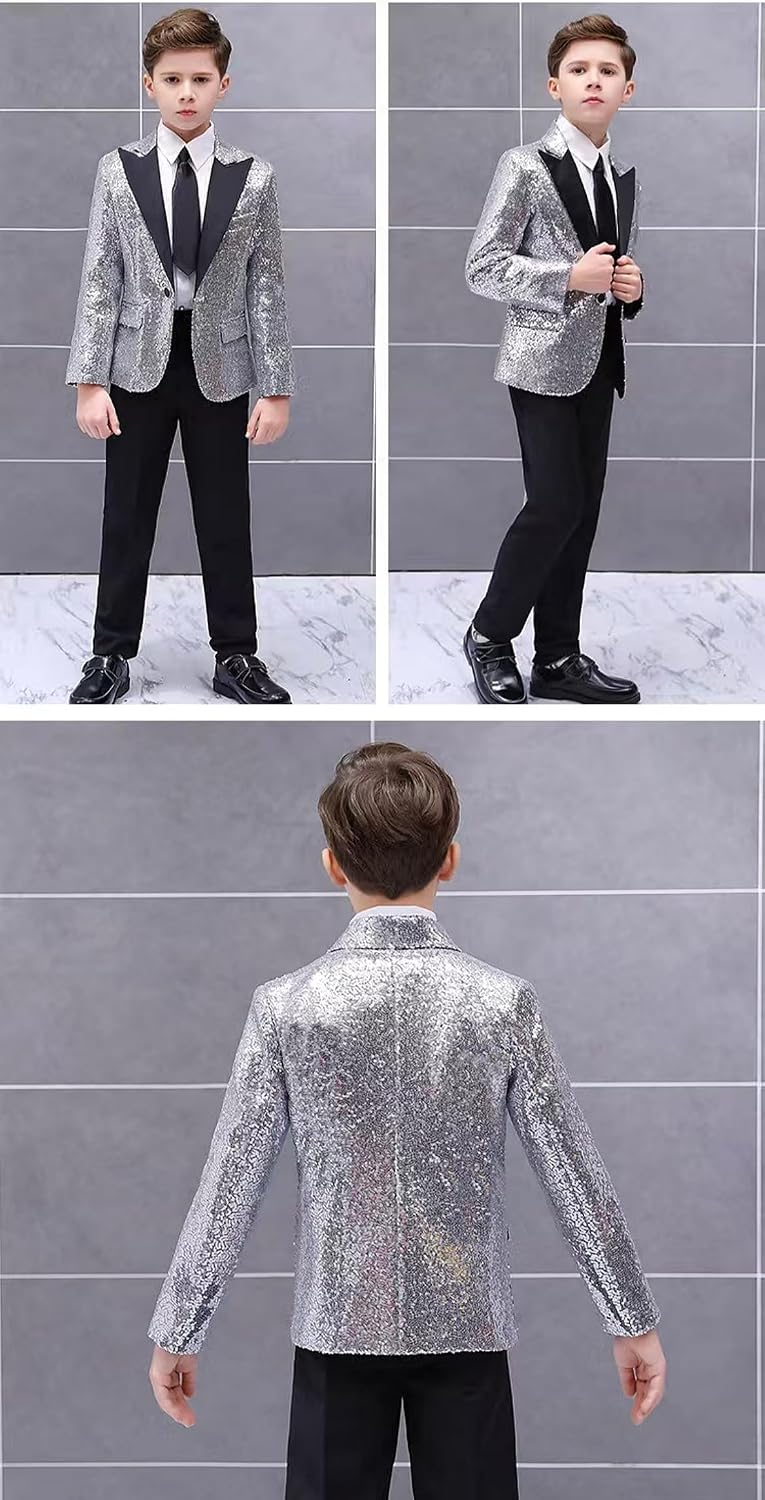Boys' Suit Metallic Jacket Blazer Sequin Suits Toddler Kids Youth Blazer & Sport Coat with Pocket Square Party Prom