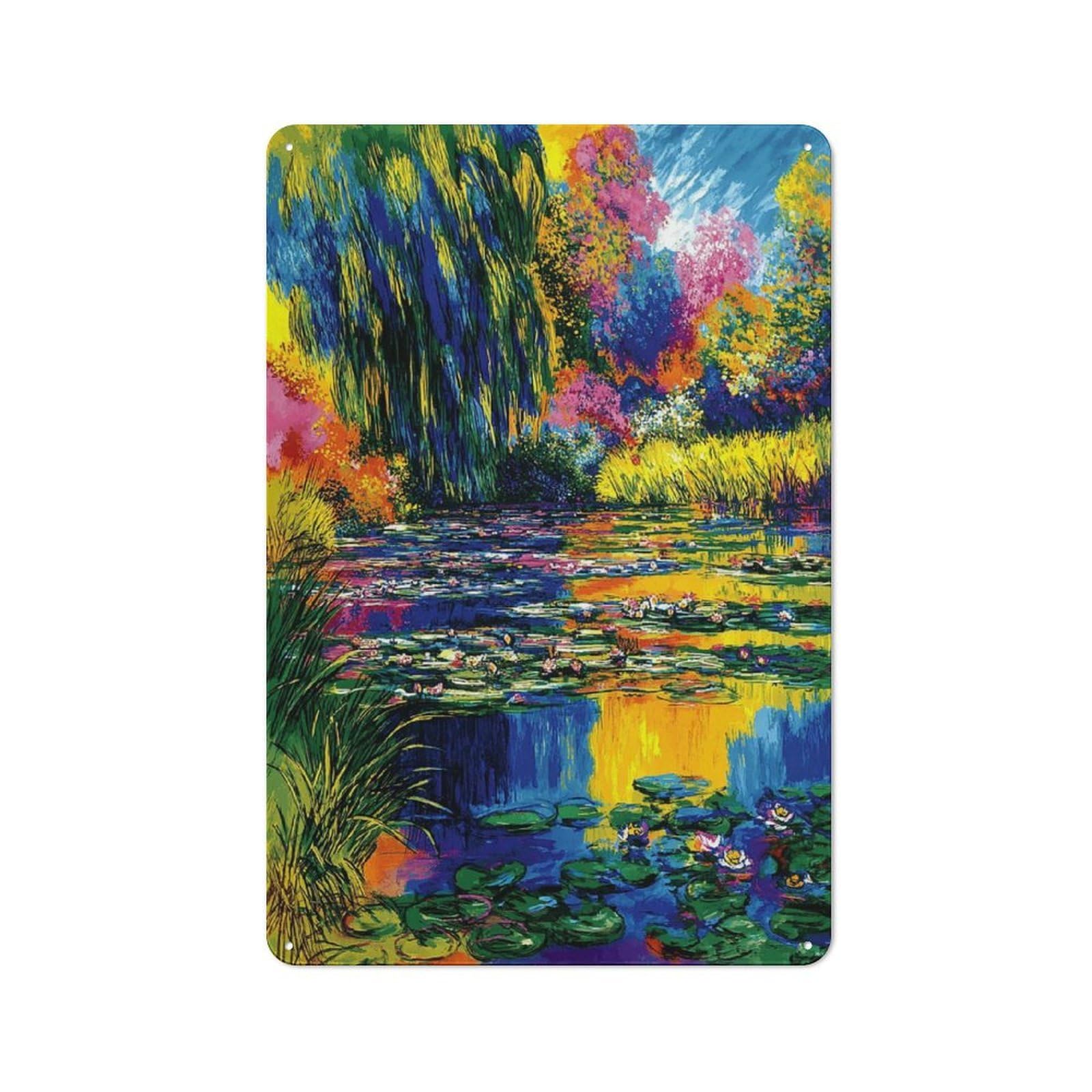 Junmoney Colorful Water Lily Pond Painting Tin Wall Plaque 30X20cm With For Garage Or Workshop, For Living Room, Hallway And Entrance Wall Decor