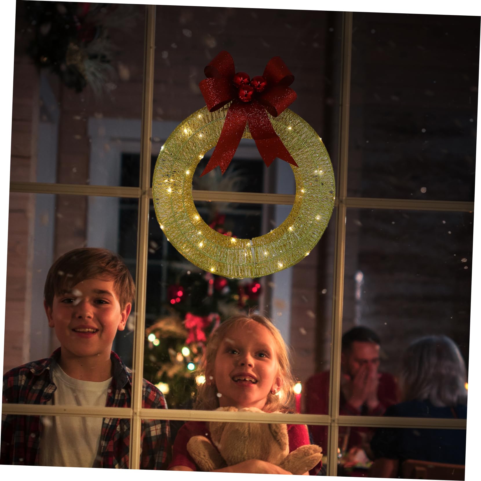 ABOOFAN Weihnachtskranz mit Warmweißen LED Lichtern Goldener Türkranz aus Eisen und Wiederverwendbarem Kunststoff Einfache Montage für Festliche Wohnraumdekoration im Winter