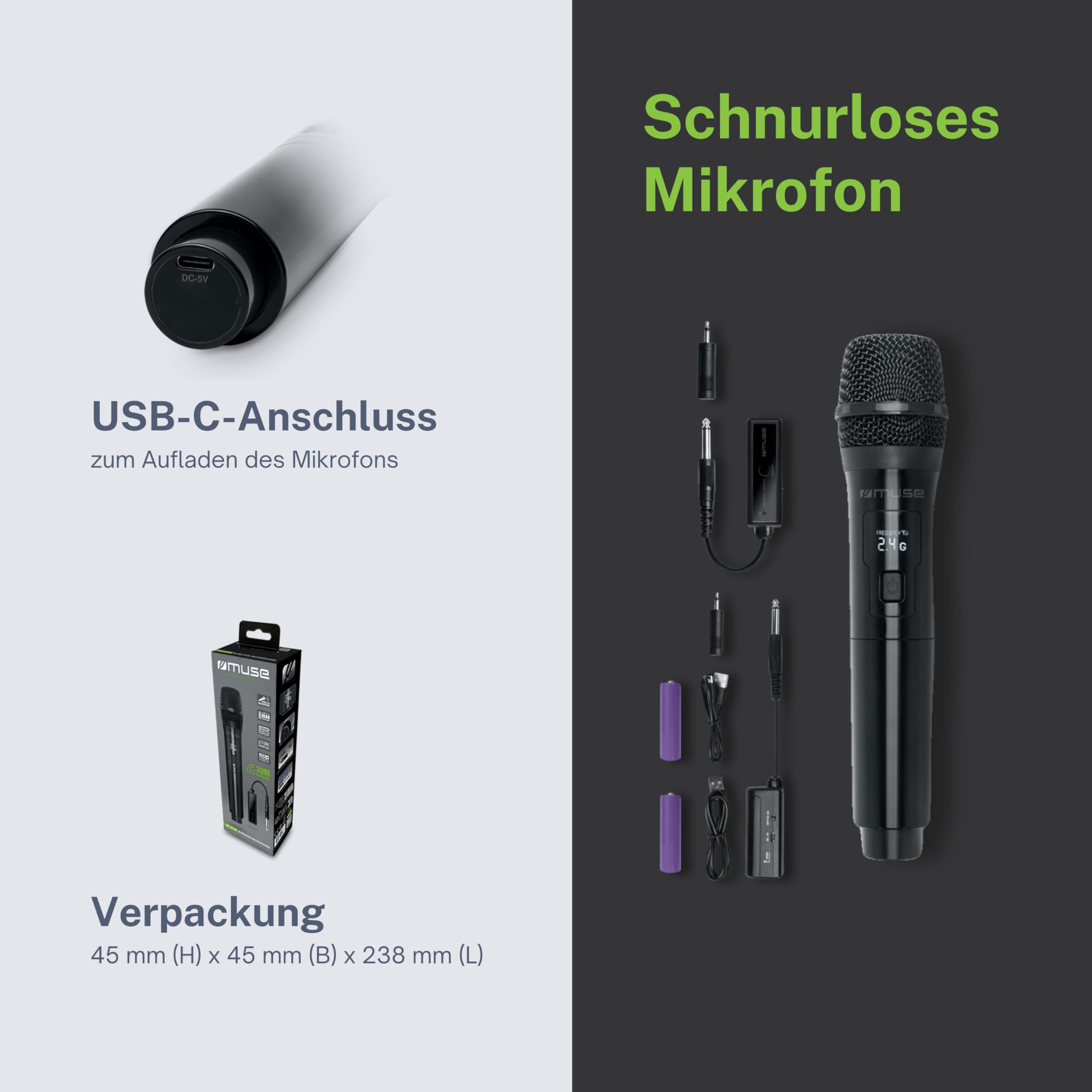 MUSE Drahtloses Mikrofon mit LED-Display - Hochfrequente Übertragung, hohe Empfindlichkeit - USB-Ladeports, wiederaufladbare Lithium-Ionen-Batterie