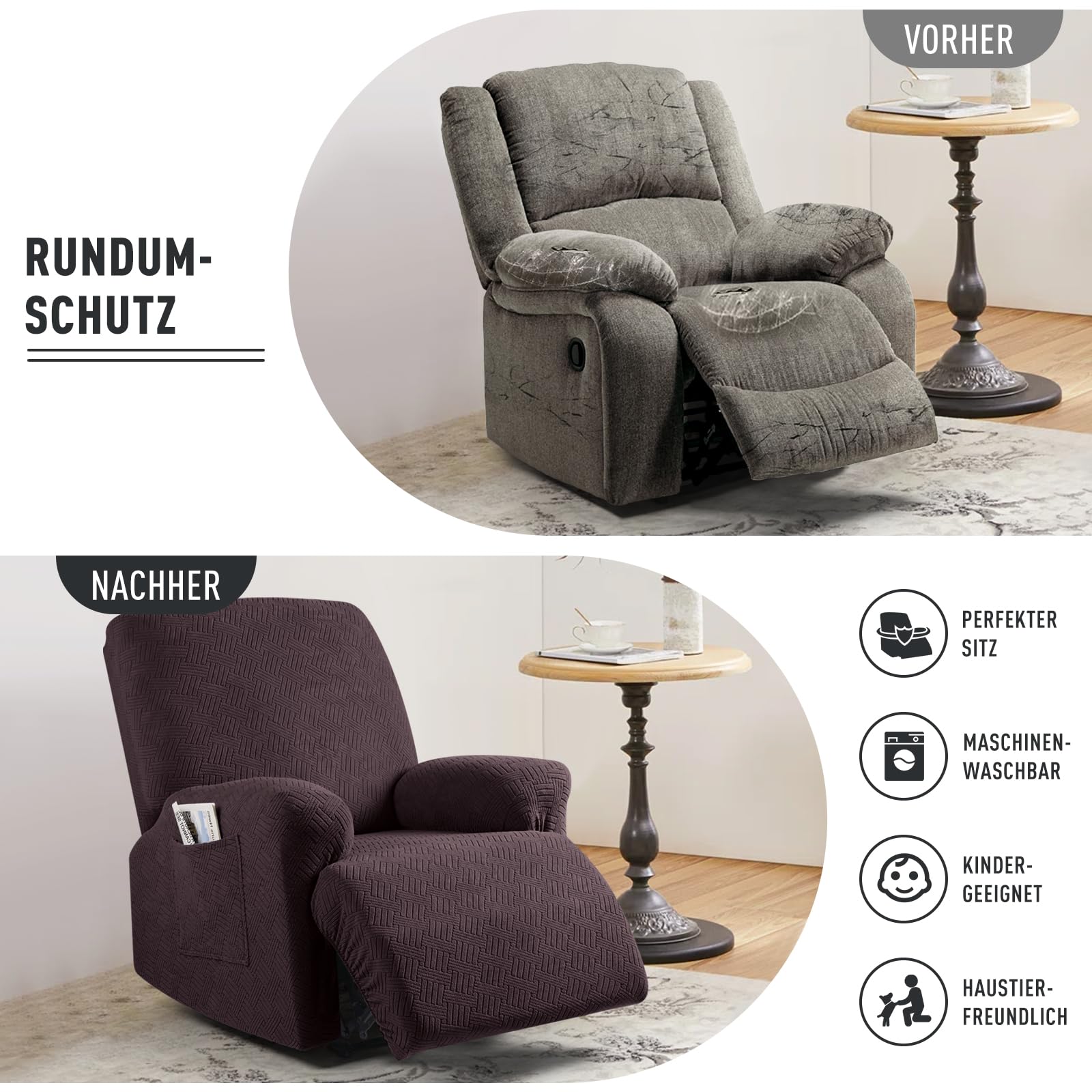 KinCam Stretch sesselschoner mit armlehne, ohrensessel überzu, sesselschoner für relaxsessel und Fernsehsessel, weich waschbar Sofa bezug für Kinder, Hund und Haustieres (1-Sitzer, Kaffee)