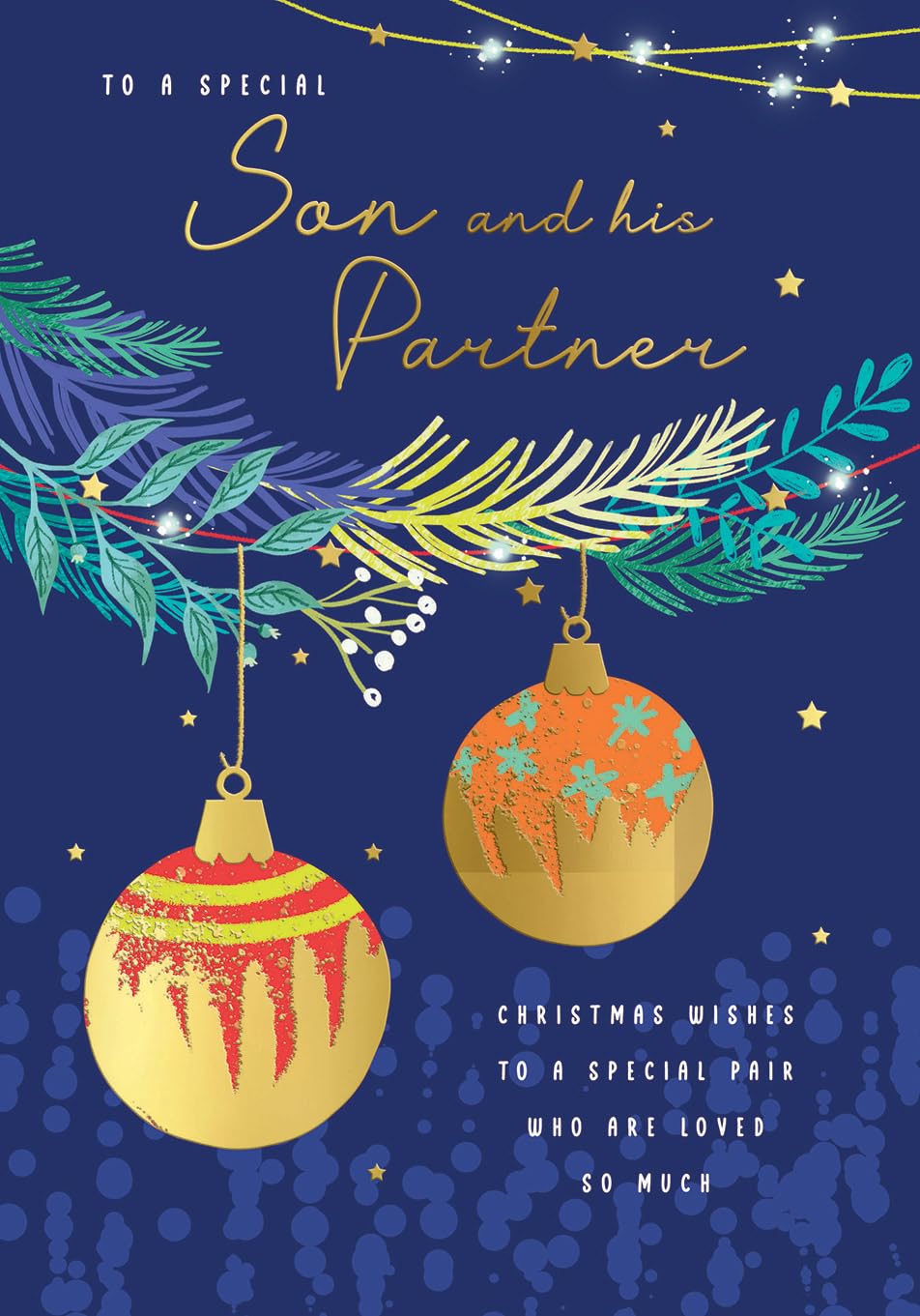 Piccadilly Greetings Christmas Card To a Special Son & His Partner Baubles - 9 x 6 inches