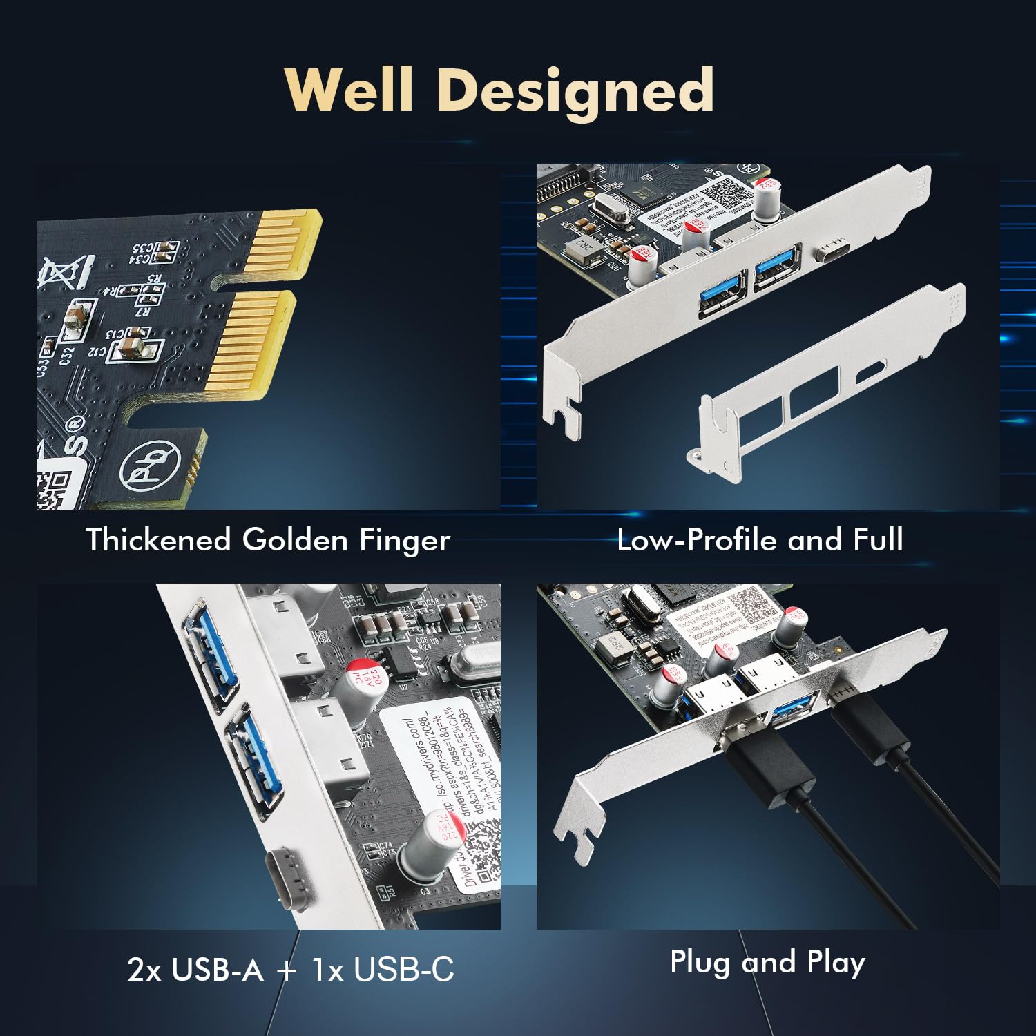 Binardat Tarjeta de expansión PCIE a USB 3.0, 2 Puertos USB Tipo A y 1 Puerto USB Tipo C, autoalimentado, Soporte de Perfil bajo, para Windows 10/11