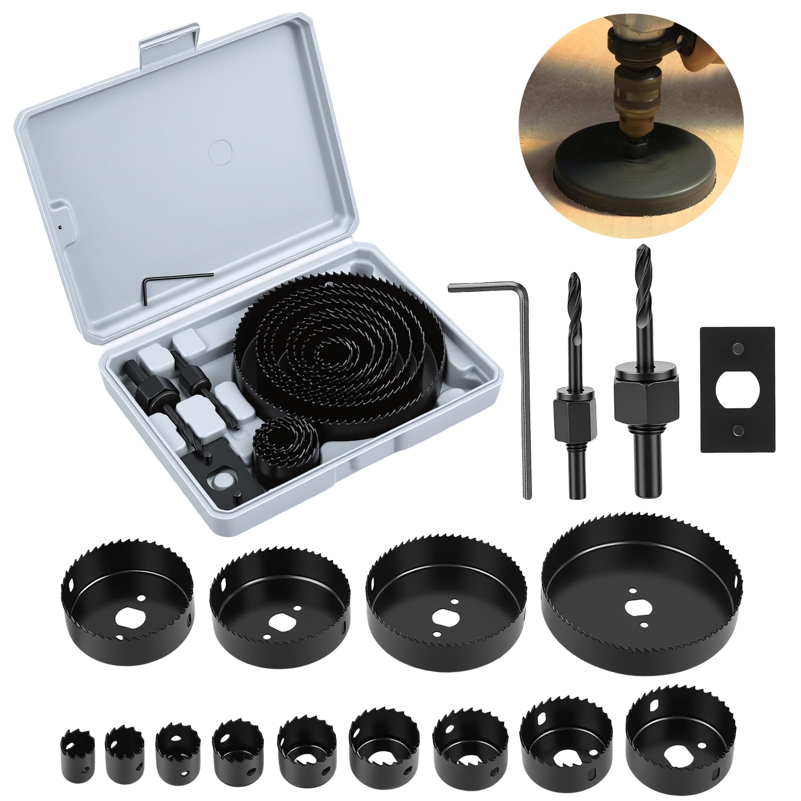 20 PcsHole Saw Sets, 19 mm-127 mm Hole Saws, Holesaw Set, Heavy Duty Hole Cutter Set Drilling Drywall, Soft Wood, PVC and Plastic Plate, with Drill Bits