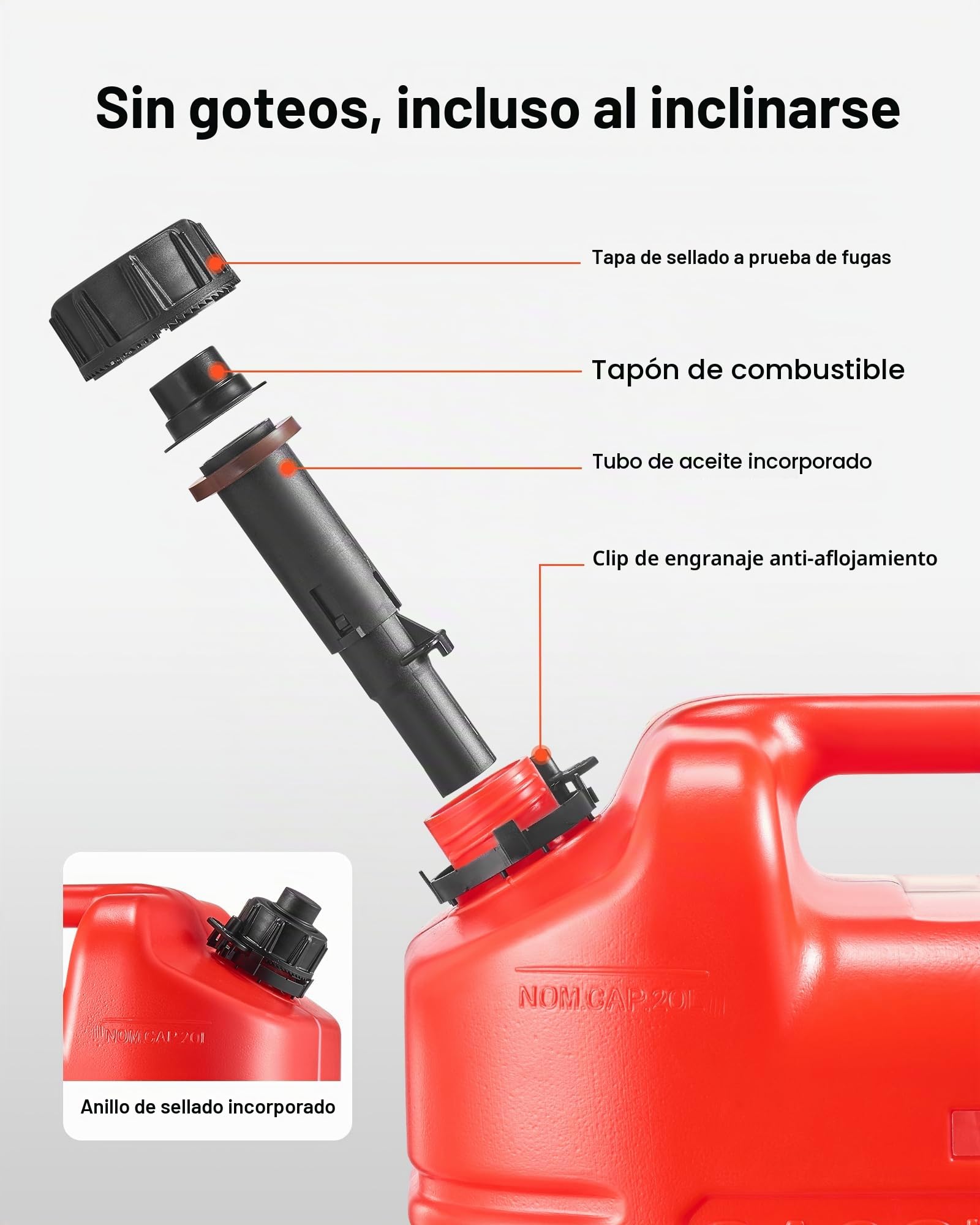 VEVOR Bidón de Gasolina de 19 L, Tanque de Combustible de HDPE y PP, con Pico y Escala, Caudal Máximo de 15 L/min, a Prueba de Fugas, para la Mayoría de Autos, Motocicletas, ATV, UTV, Rojo, 4 Piezas