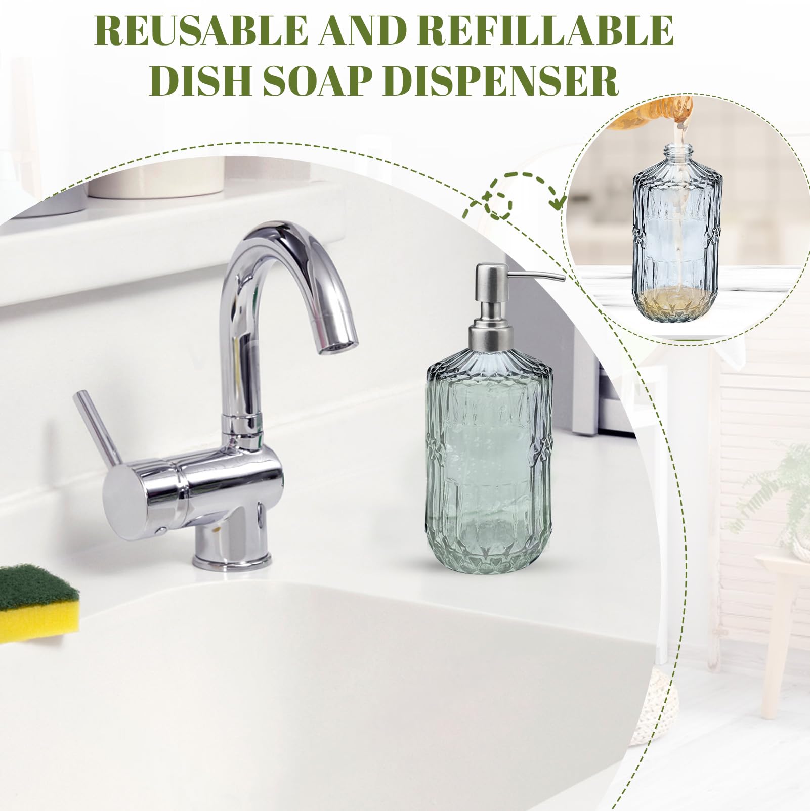 2 dispenser di sapone in vetro con pompa in acciaio inossidabile, 450 ml, vintage, ricaricabile, set per bagno, cucina, sapone per le mani, sapone per piatti, lozioni (grigio)