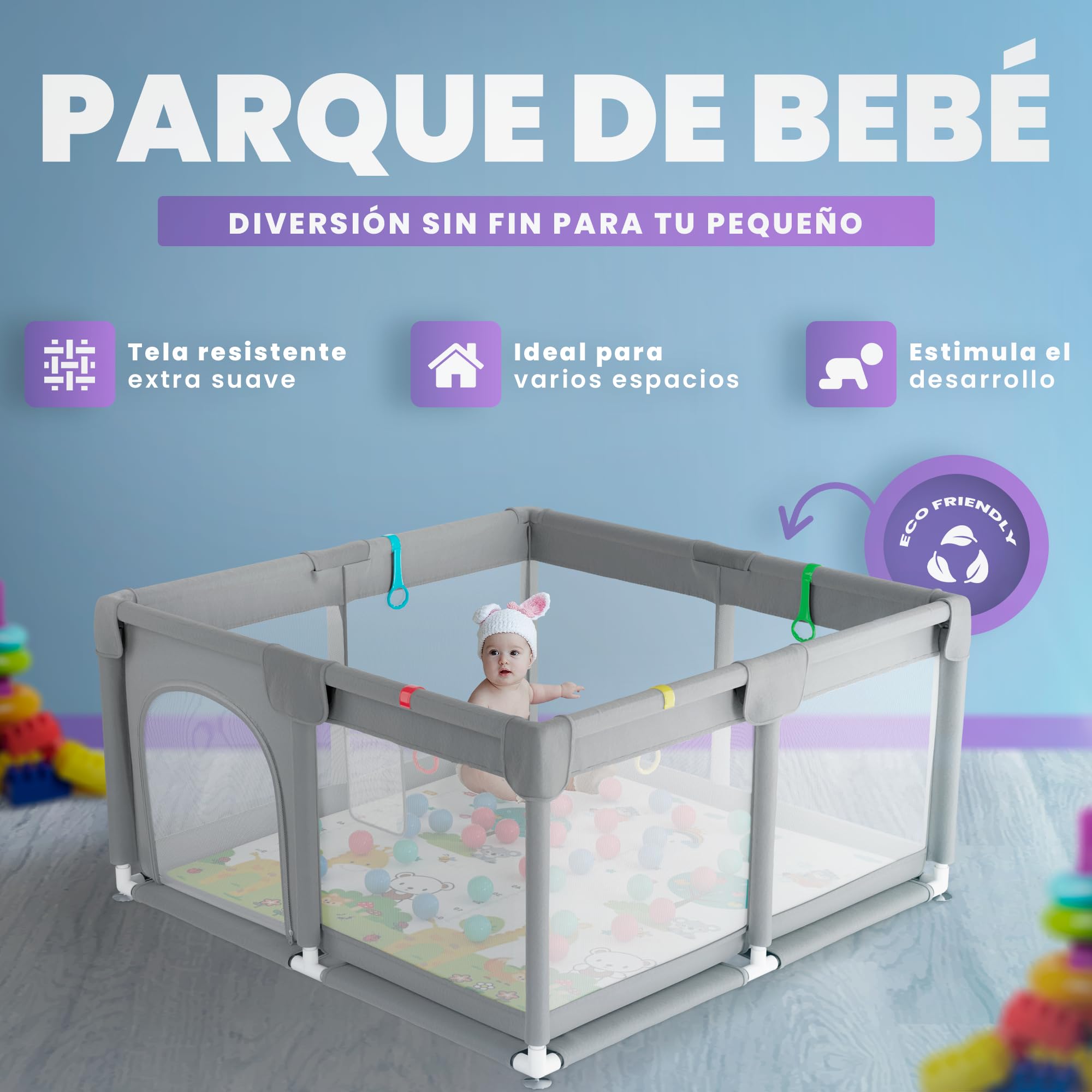 JUPPLIES Parque Infantil Bebe 120x120cm + Alfombra Bebe + 50 Bolas + Agarraderas + Bolsas de Transporte – Corralito Bebe con Malla Transpirable (Gris 120 * 120 completo + agarraderas) — view 2