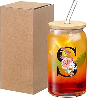 Larfraecy 16Oz Initial Personalised Glass Cup with Lids and Straw,Initial Floral Glass,Iced Coffee Cup,Clear Drinking Cups for Milk,Juice,Beer,Tumblers Gifts for Women,Friends (S)