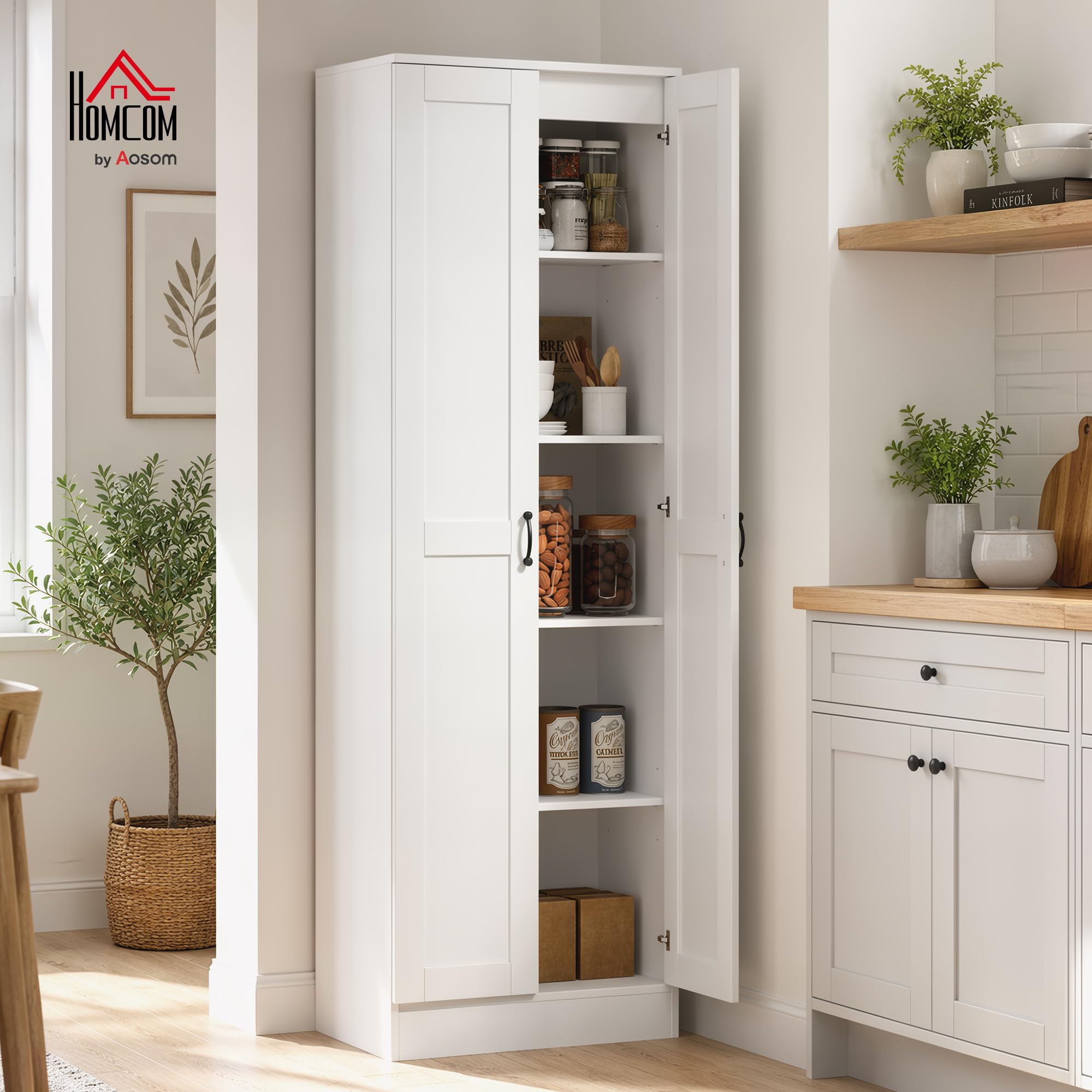 HOMCOM Küchenschrank 175 cm Vorratsschrank mit Soft-Close-Türen Weiß