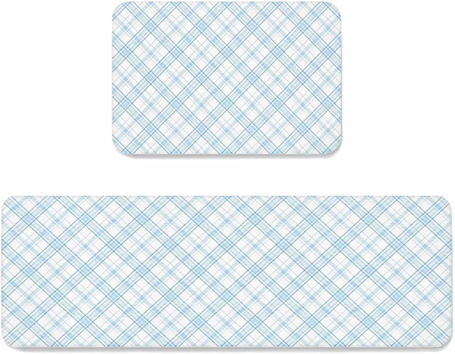 Light Blue White Checkered Kitchen Mat Set 2 Pieces Modern Minimalist Watercolor Country Farm Non Slip Kitchen Rugs Washable Runner Rug Mats for Sink Laundry (19.7" x 31.5"+19.7" x 47.2")