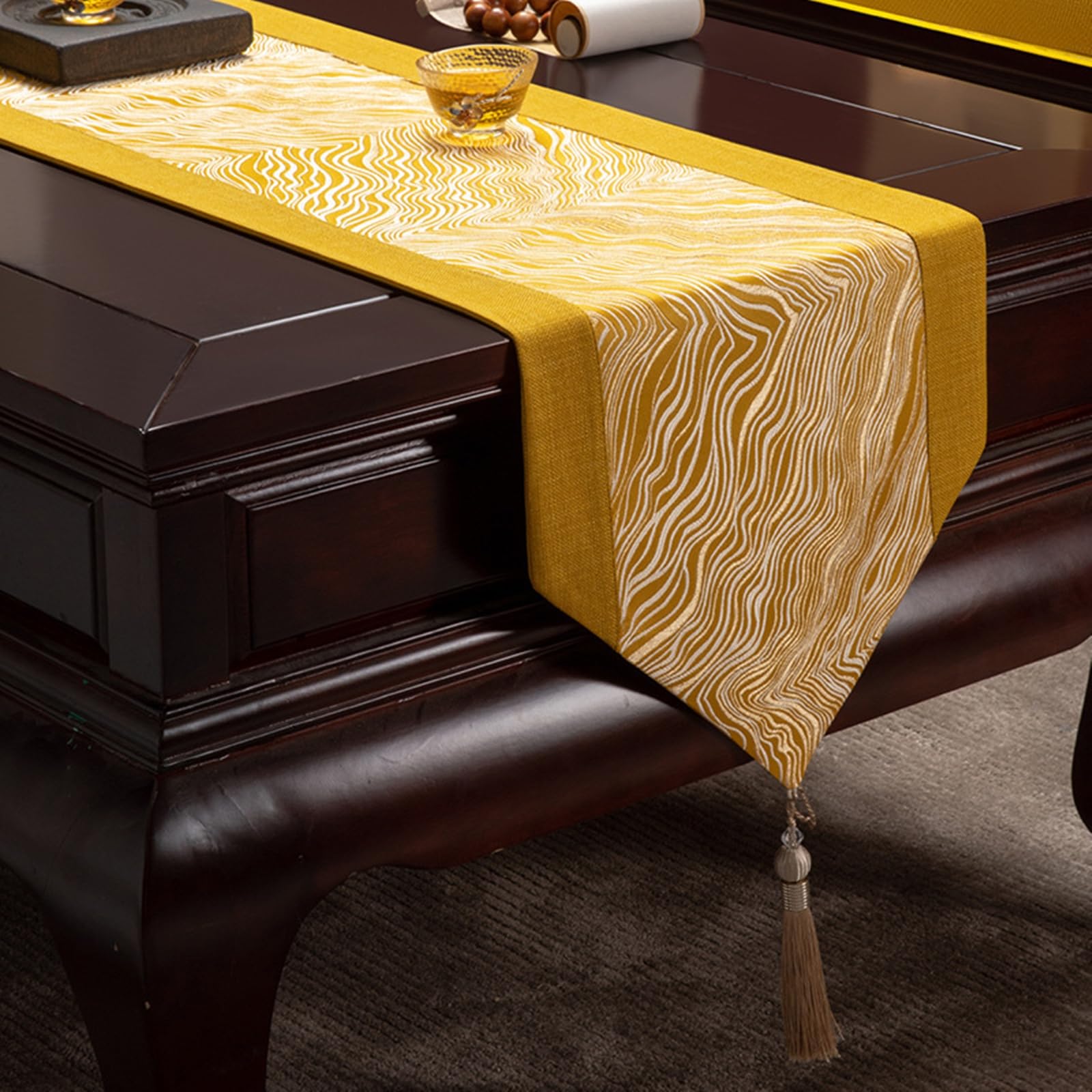 Runner da Tavolo Cotone Lino 33x210 cm, Runner da Tavola Moderno Lavabile Motivo Onde Jacquard A Tema Zen con Nappe Decorazioni per Tavolino da Compleanni Matrimoni, Giallo