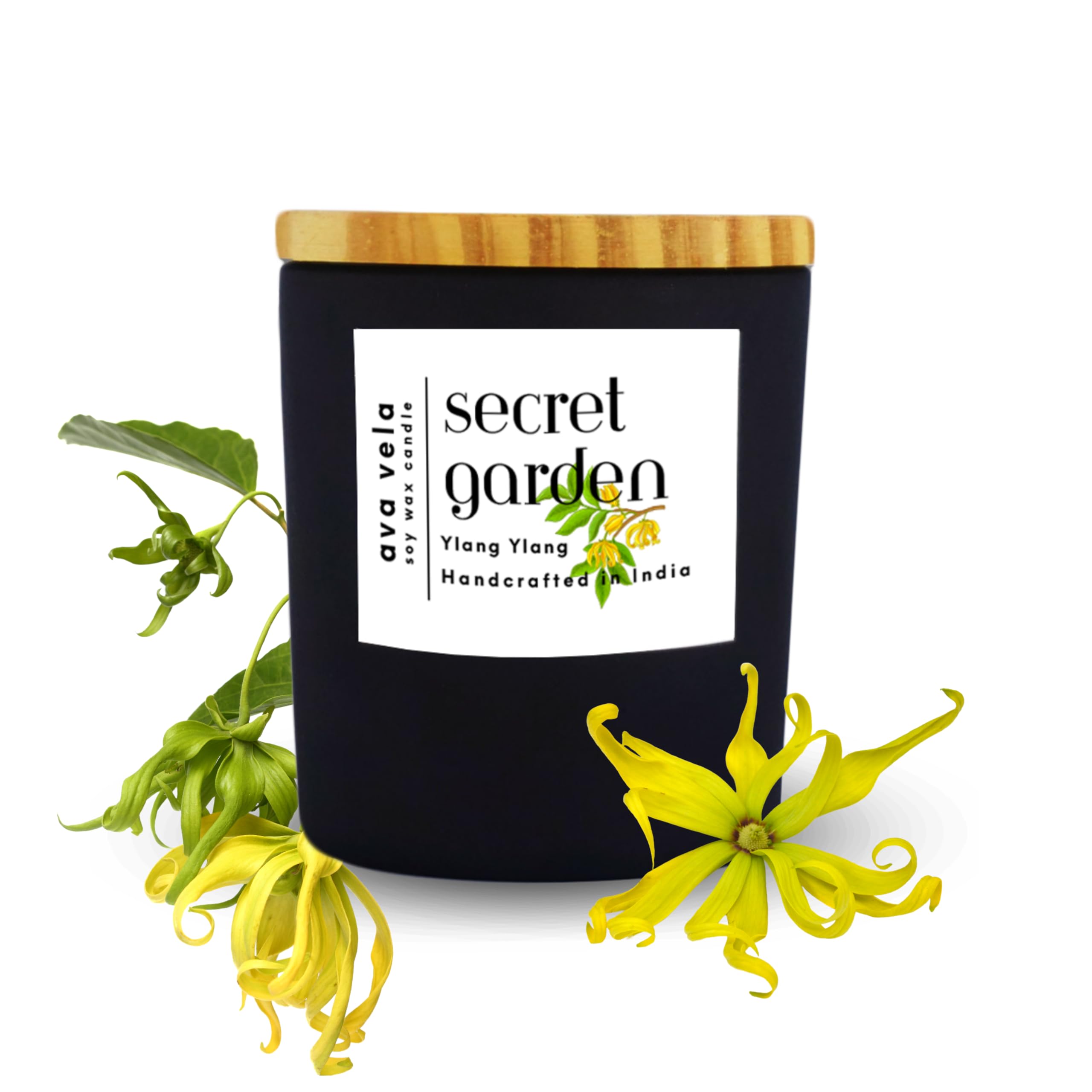 AVA VELA Matte Black Scented Candle, Soy Wax - Fragrance Secret Garden (Ylang Ylang) - 40hrs Burn Time