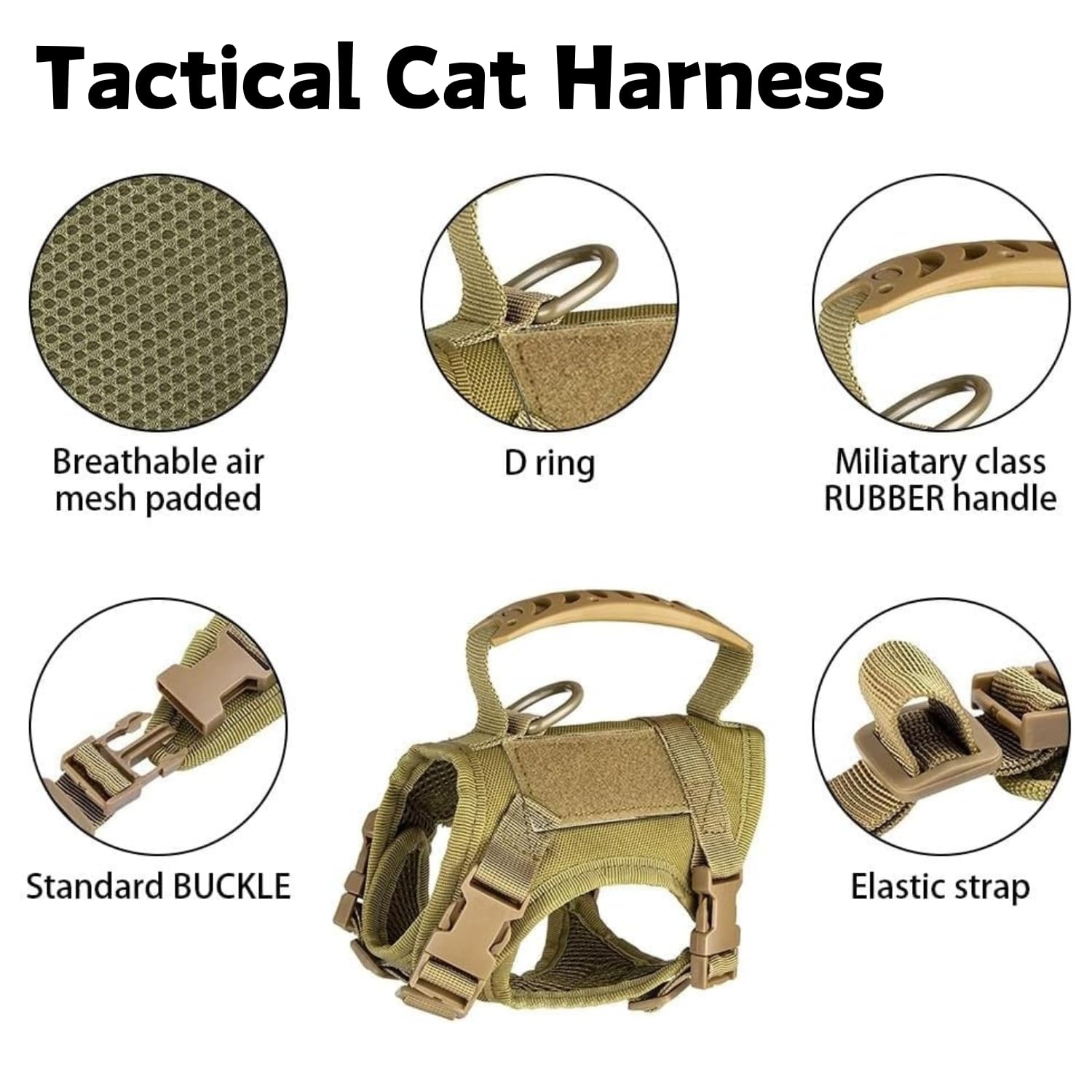 Tactical Cat Harness and Leash Set for Walking Escape Proof Adjustable Large Cat Vest Harness with Patches Soft Mesh Padding Rubber Handle Easy to Control (Khaki Harness & Leash) - Image 3