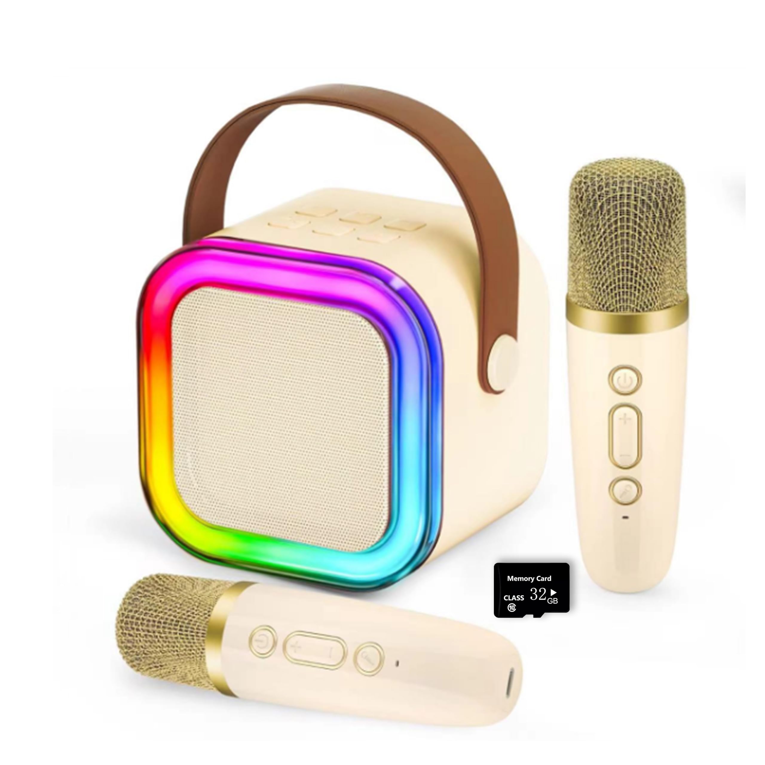 Karaoke Mini Portable Bluetooth Speaker with 2 Bluetooth Wireless Microphones, Colorful Lights, Ideal Birthday, Party use (Beige, Dual Mic)