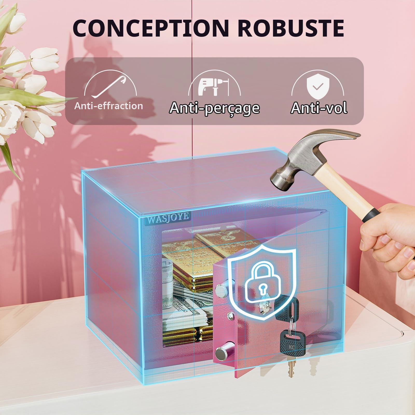 WASJOYE Mini Coffre Fort Domestique,17 * 23 * 17cm Coffre Fort Serrure à clé de Sécurité -Rosa Petit Coffre Fort pour la maison, L'argent, de Documents, de bijoux, de passeports 6.6L