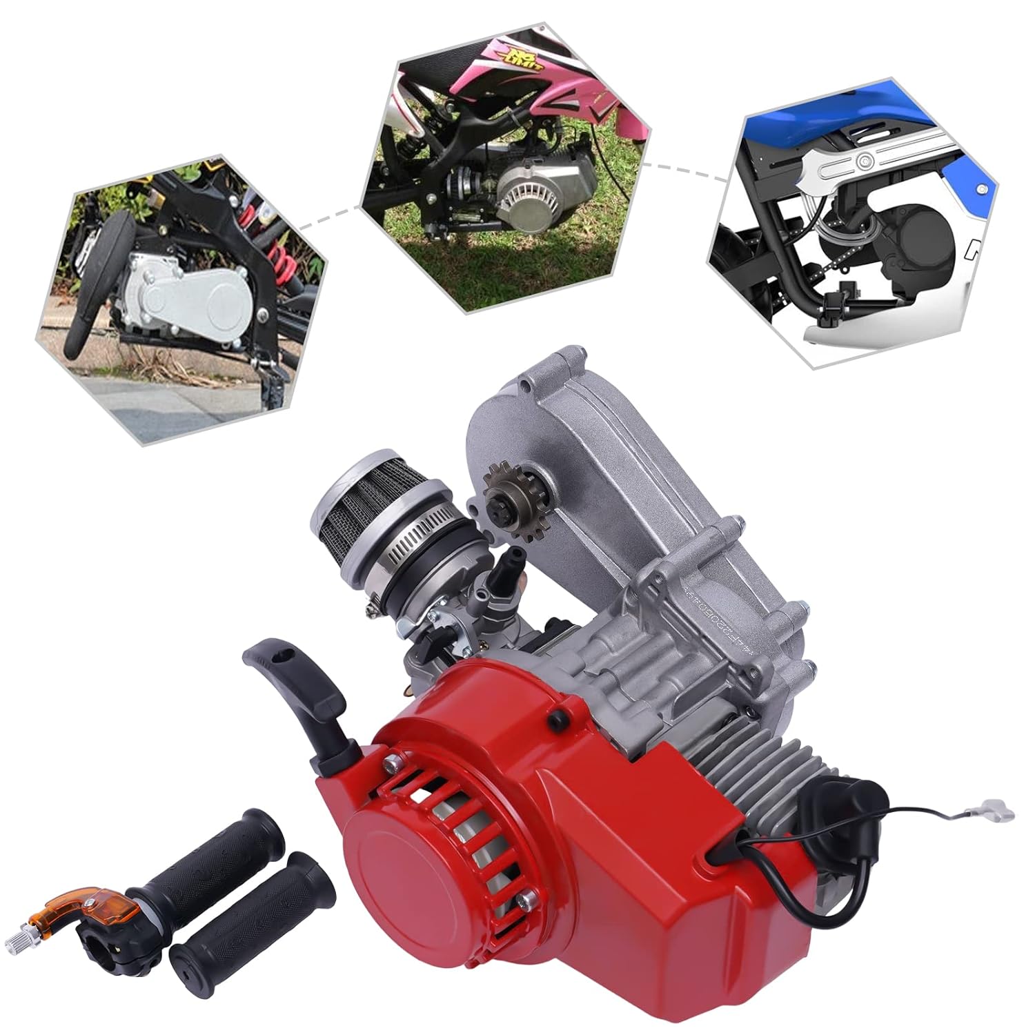 49CC 50CC 2 Stroke Racing Engine Motor, Mini Dirt Bike ATV Motor Big Bore Pocket Bike Engine with Single Cylinder Pull Rope Start Gasoline Engine for Dirt Bike Engine Kits