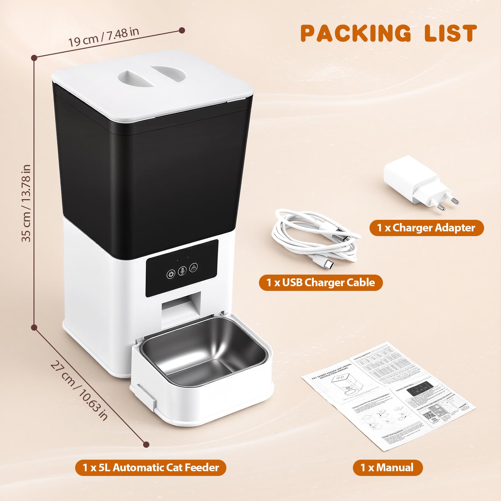 Comedero Gato Automatico 5L con App WiFi, 15g Porciones para Gatos y Perros | Dispensador comida gatos WiFi 2,4GHz, 1-10 comidas/día, antiatascos, voz personalizada y cuenco acero inoxidable