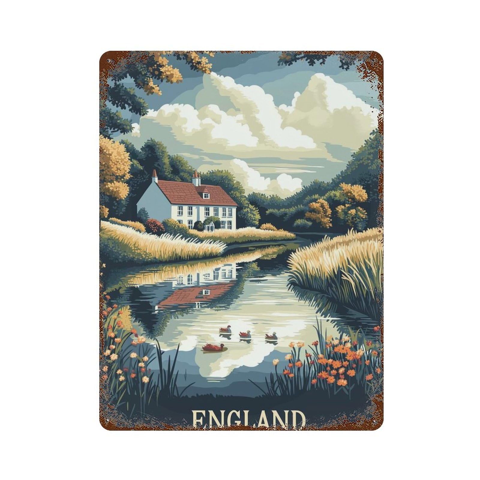 England Countryside River Scene Distressed Metal Wall Sign 15.7"x11.8", Rustic Home Decor for Living Room, Hallway And Home Decor