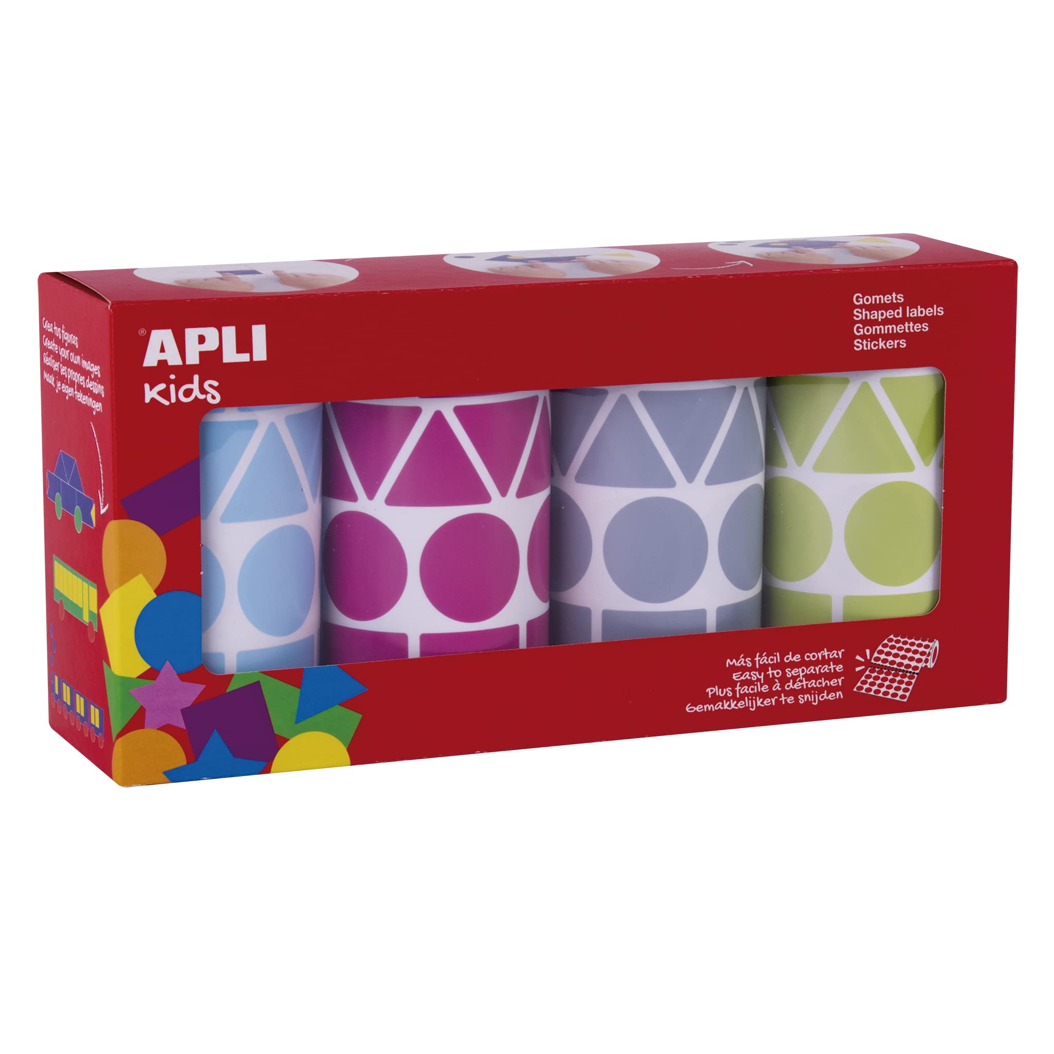 APLI Kids 19190 - Pack de 4 rollos de gomets geométricos surtidos de 27 mm - Pegatinas educativas en color azul, fucsia, gris y verde