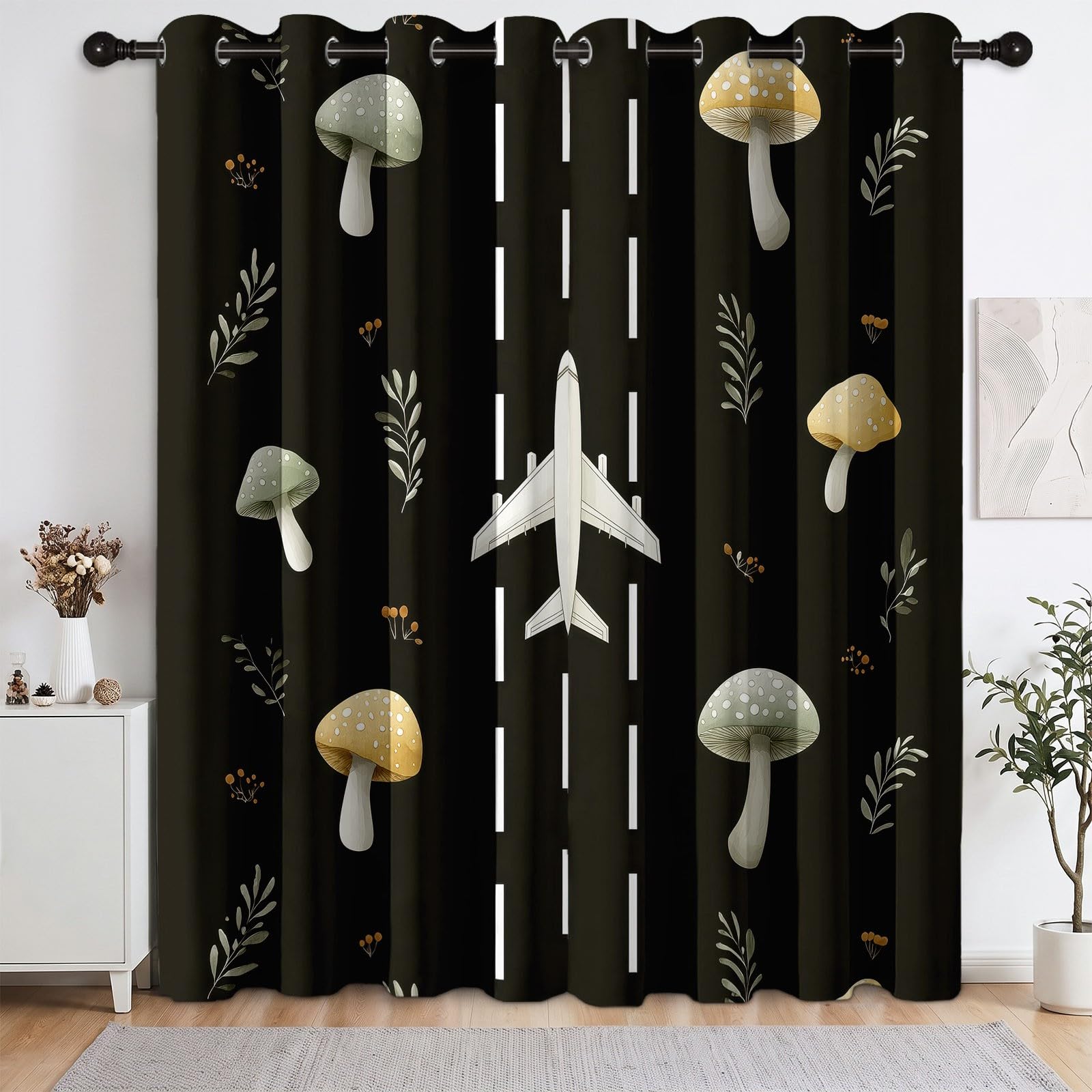 Générique Rideau Style Forêt Fantaisie Opaque 100% Occultant 2 Panneaux 140Lx180H cm, Isolant Thermiques Anti Froid Chaleur, Rideaux Avion Champignon Chambre Enfants Chambre Salon, avec Oeillets