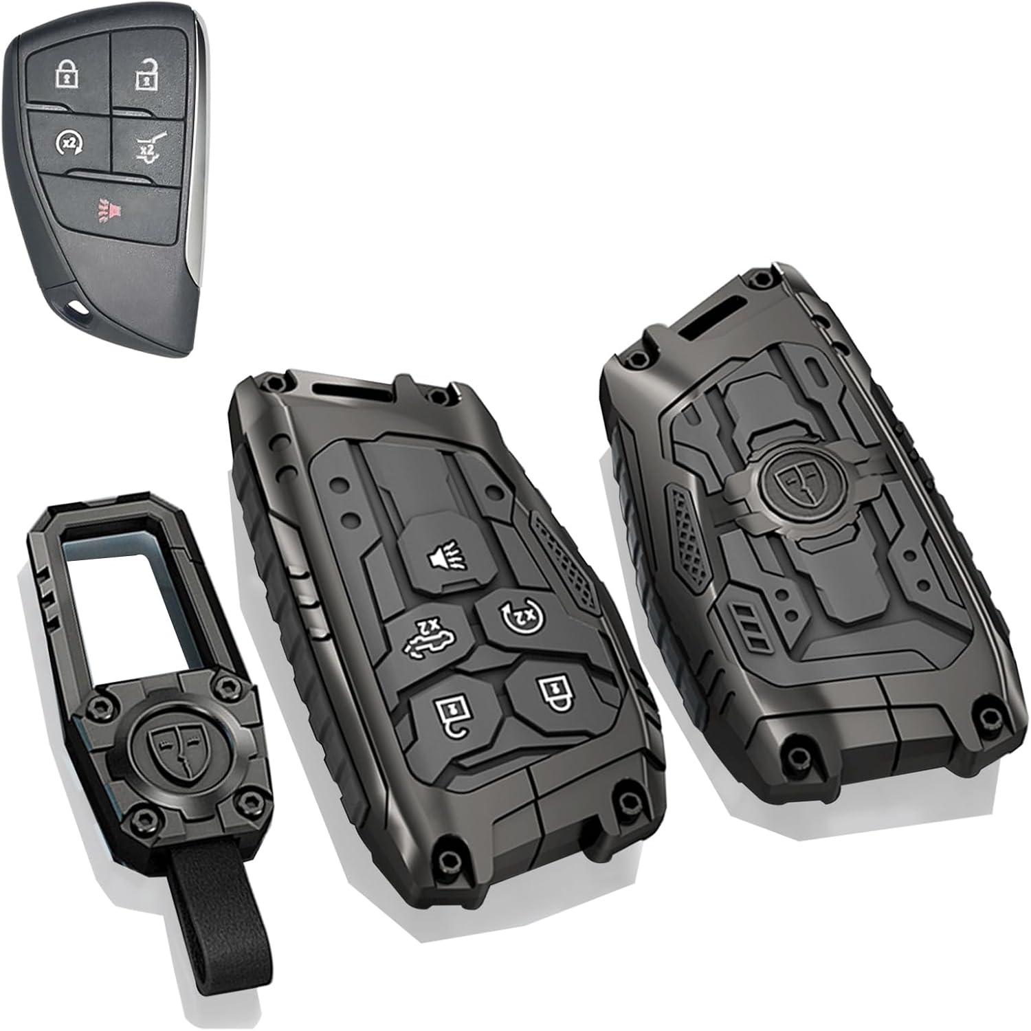 x xotic tech Mech Style Heavy Metal Key Fob Cover Compatible with Chevy Chevrolet Silverado 1500 or GMC Sierra 1500 2022-2025, Silverado 2500HD 3500HD Tahoe 2024-2026, Key Shell Case 5 Buttons(Black)