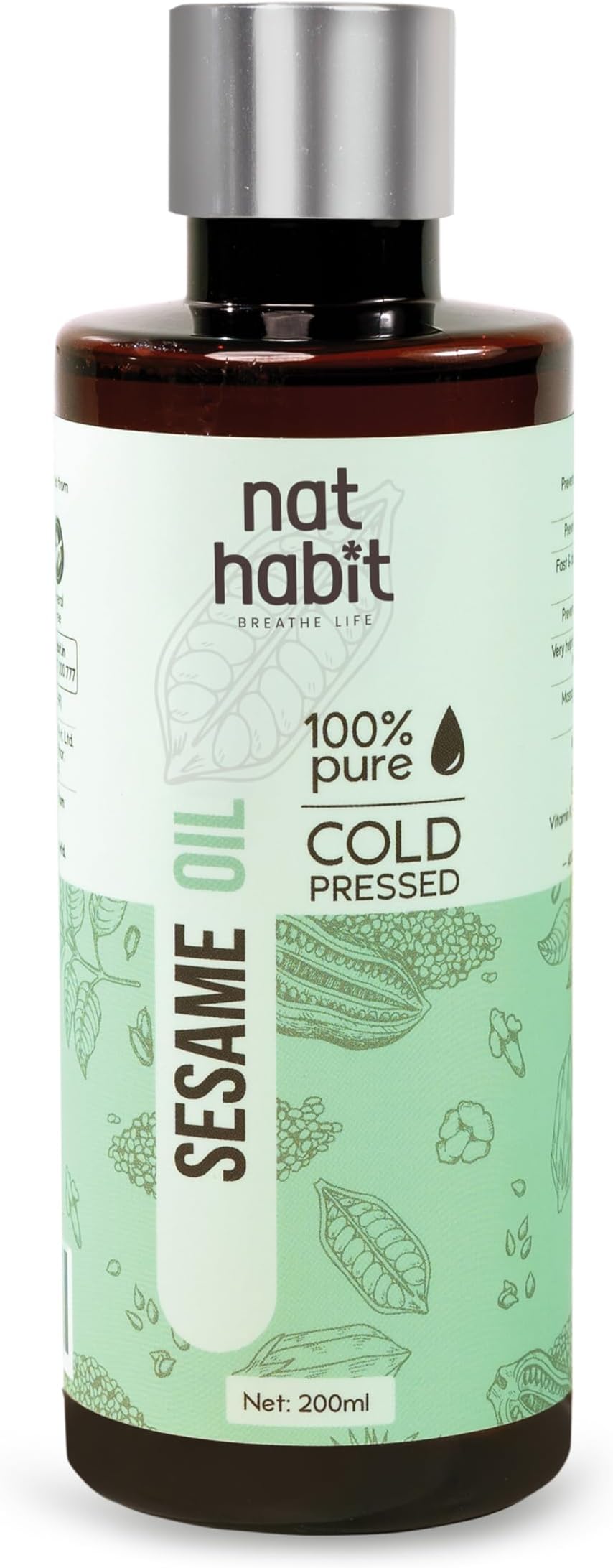 Nat Habit Cold Pressed 100% Pure Sesame (Til) Oil for Skin, Body Massage Oil for Deeply Moisturized Skin, 200ml