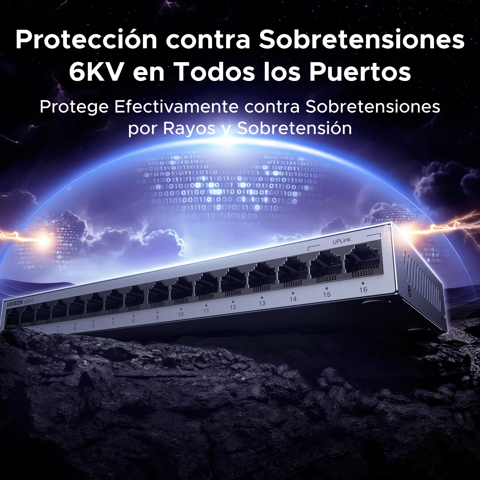 UGREEN Switch Gigabit 16 Puertos Velocidad Automática de 10/100/1000 Mbps | No Gestionado RJ45 Plug and Play VLAN Carcasa Metálica Conmutador Ethernet para TV Laptop Switch Router Monitor