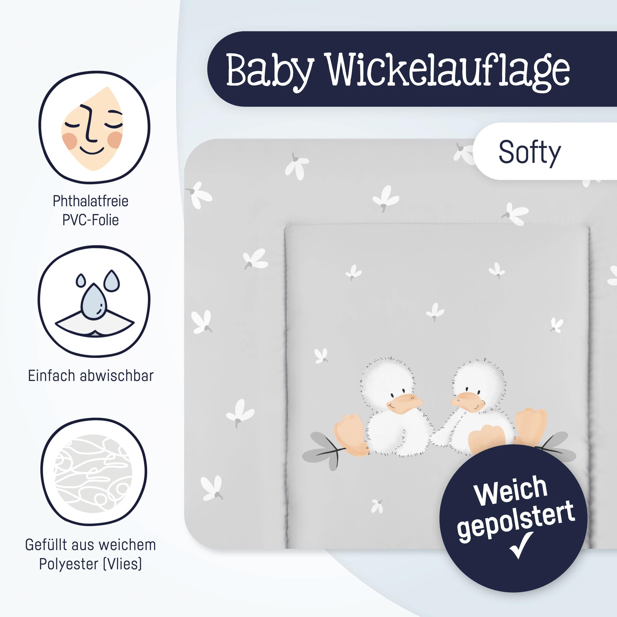 Julius Zöllner® Softy Matelas à langer, souple, 65 x 75 cm, pour table à langer, pour bébé, film imperméable et lavable, fabriqué en Allemagne, certifié Oeko-Tex Standard 100, Quack