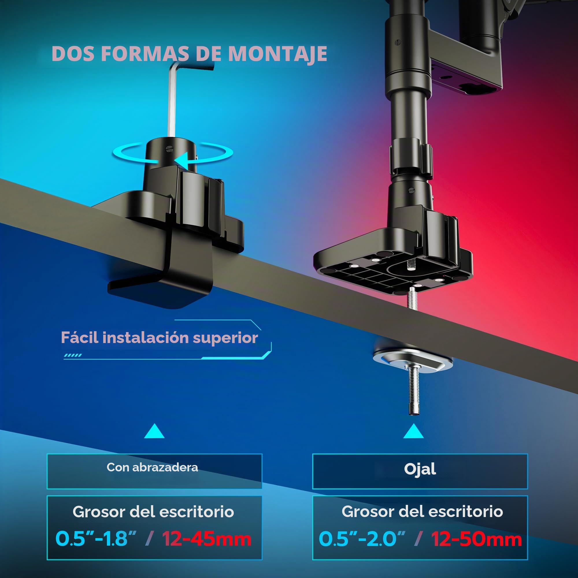 ARES WING Soporte Monitor para 2 Monitores de 17-49", Negro | Brazo Monitor Carga máx. 20 kg/brazo, Soporte Escritorio Altura Regulable, VESA 75/100 mm
