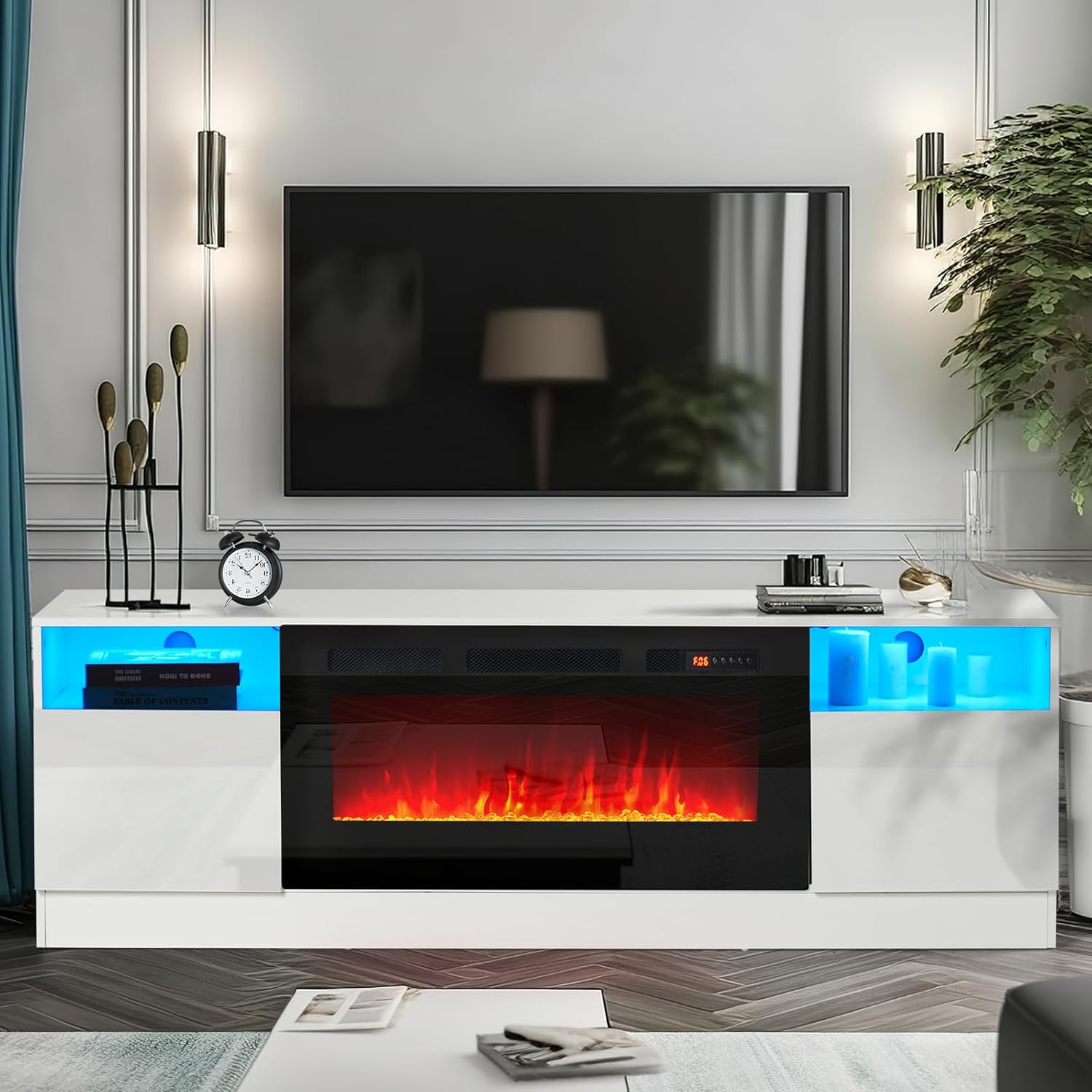 oneinmil Fireplace TV Stand with 36" Electric Fireplace, LED Light Entertainment Center, Modern Wood Texture Highlight Storage Cabinet for TVs Up to 80", 70 inches,White 70" White & Black