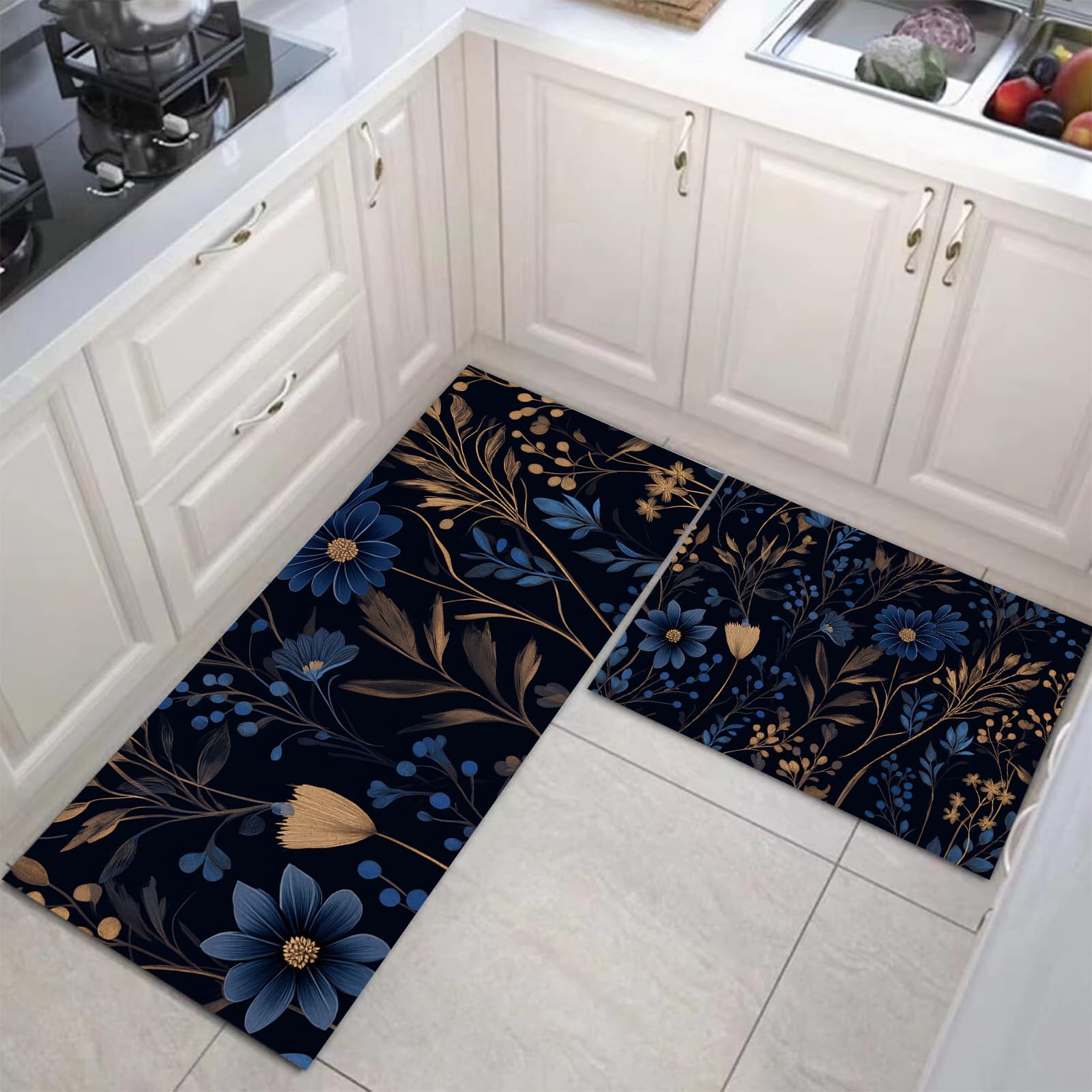 Tapis de cuisine lavable lot de 2 fleurs bleu foncé 40x60 40x120cm