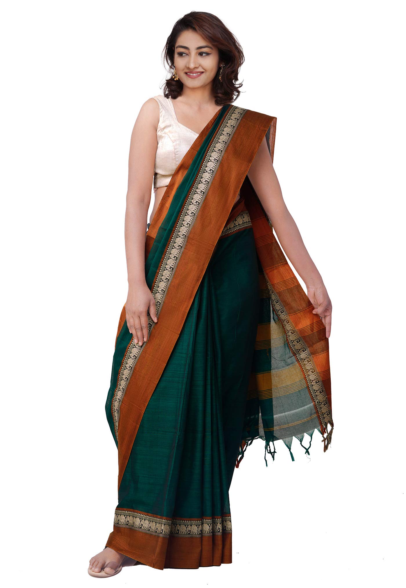 UNNATI SILKSWomen Pure Handloom Narayanpet Cotton Saree with blouse piece and Tassels from the Weavers of Andhra Pradesh(UNM33759+Green+free size)