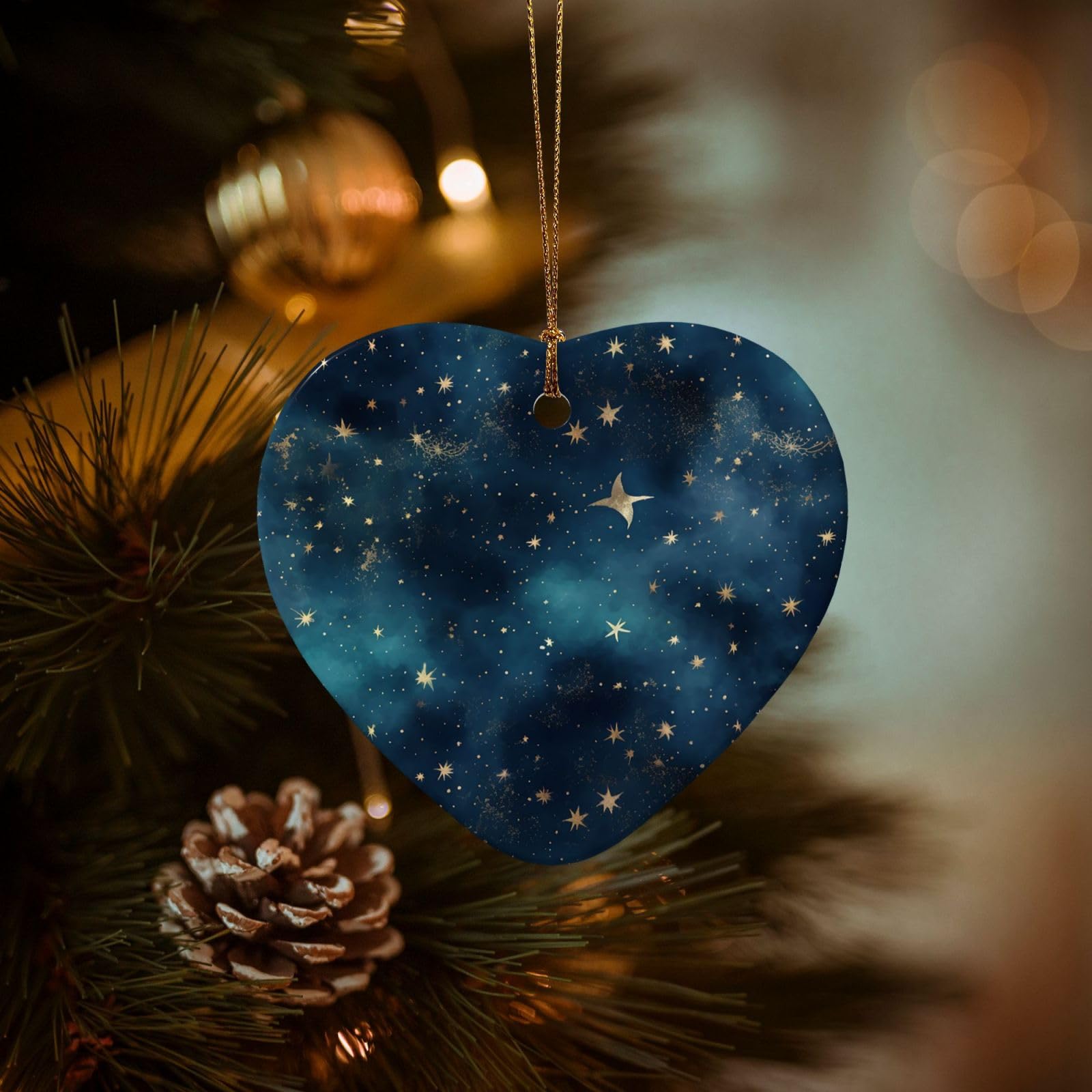 Christmas Tree Ornaments Ceramics Christmas Decorations Night Sky Stars Ornaments with Gold Ribbon Porcelain Xmas Tree Crafts Heart Shape Hanging Pendant for Christmas Tree Party Decor