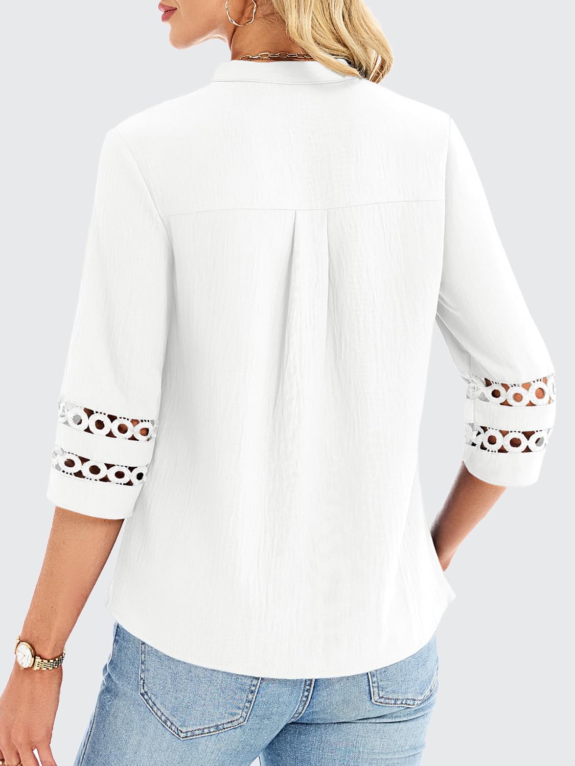 Funlingo 3/4 Length Sleeve Womens Tops V Neck Dressy Casual Blouses Lace Tunic Pleated Shirts Business Casual Outfits 2026 - Image 4