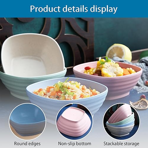 Miniatura 2 de Juego de 4 cuencos de cereales irrompibles de 20 onzas, cuencos de arroz de fibra de paja de trigo, cuencos de sopa cuadrados reutilizables, cuencos